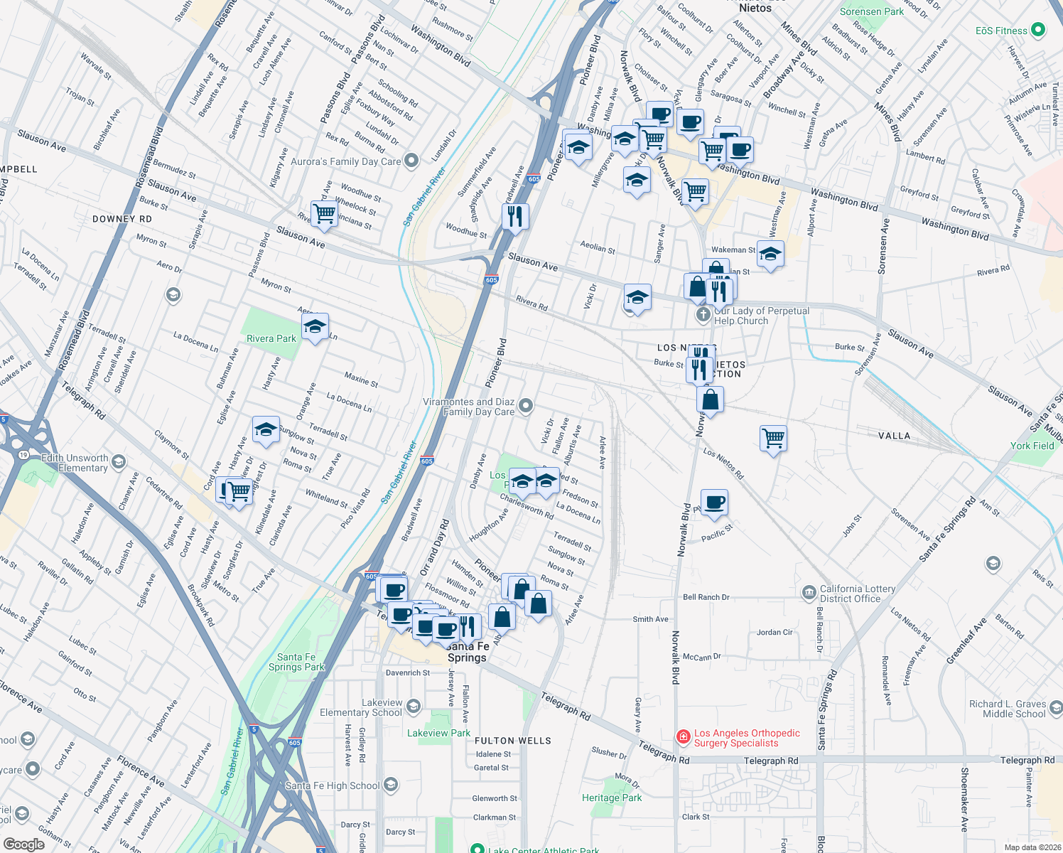 map of restaurants, bars, coffee shops, grocery stores, and more near 9208 Morrill Avenue in Santa Fe Springs