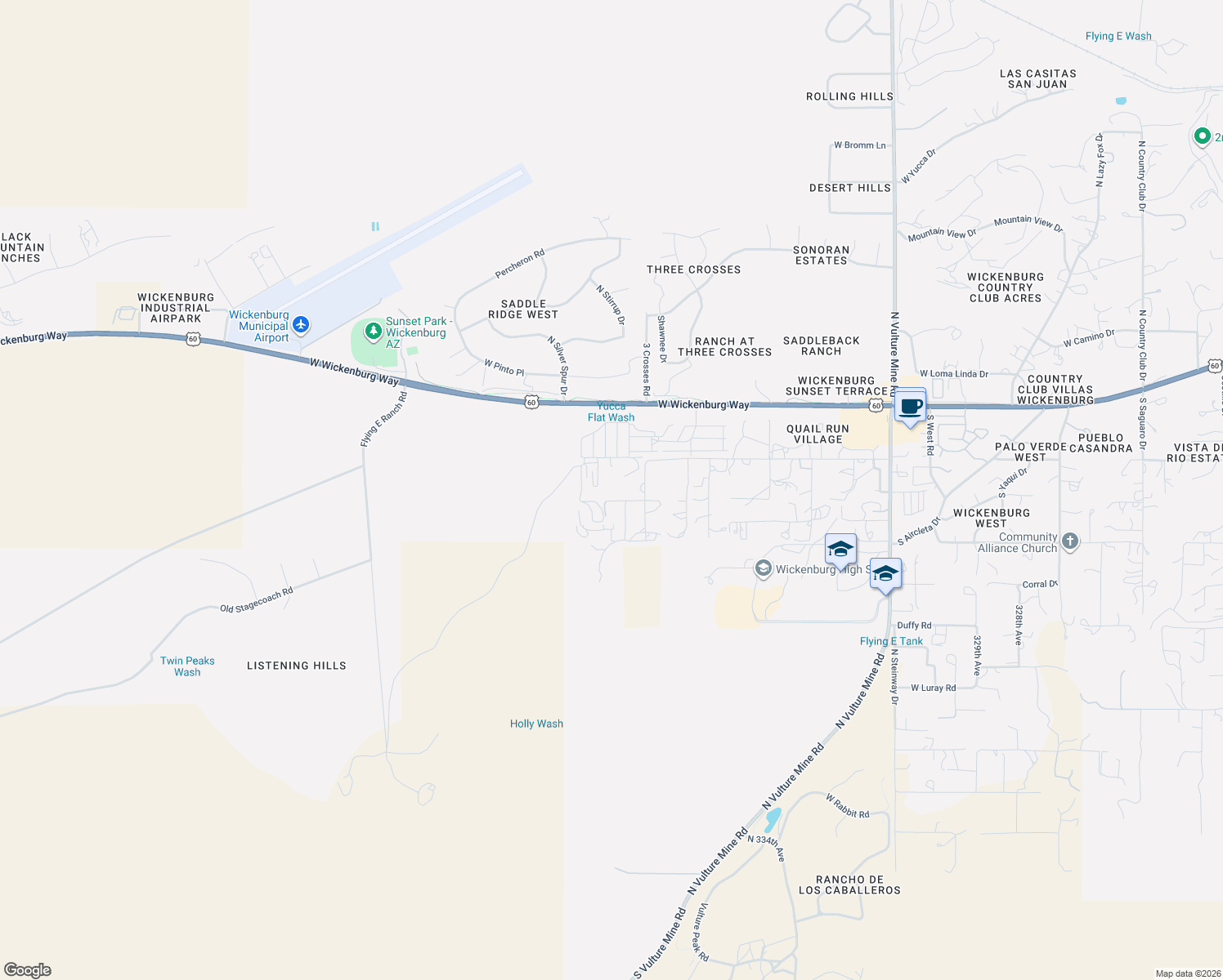 map of restaurants, bars, coffee shops, grocery stores, and more near 2650 West Aguila Drive in Wickenburg
