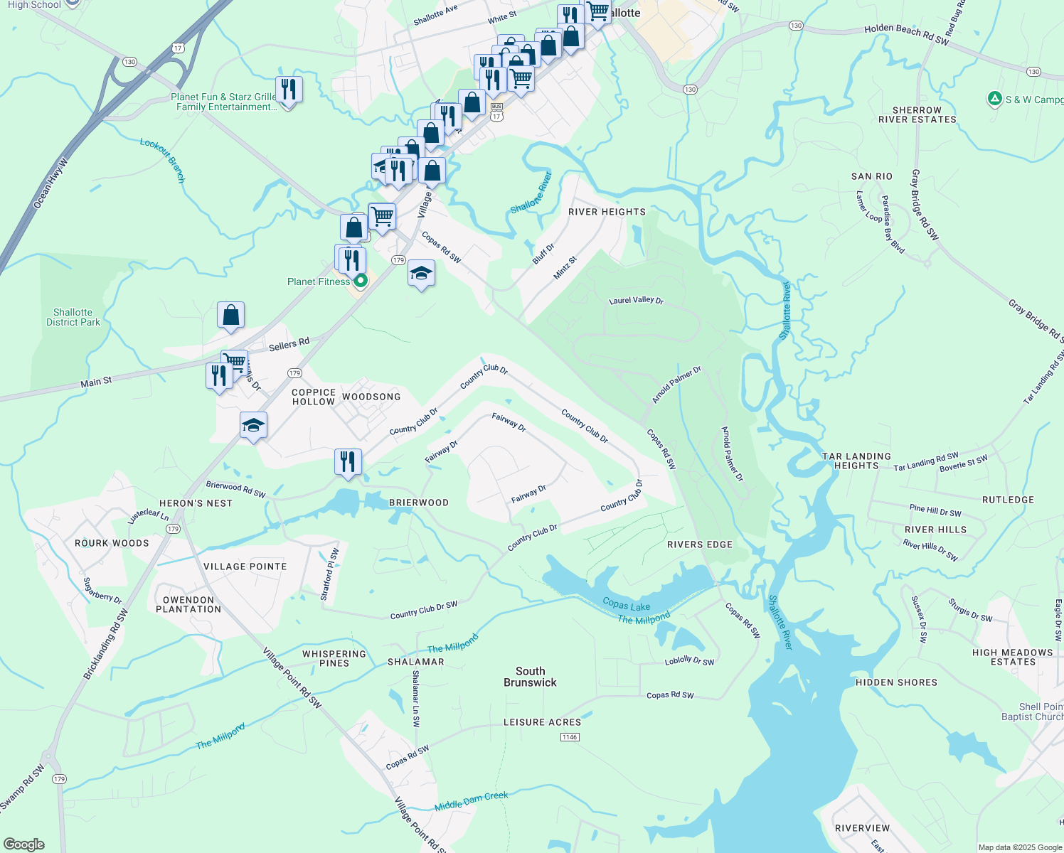 map of restaurants, bars, coffee shops, grocery stores, and more near 52 Fairway Drive in Shallotte