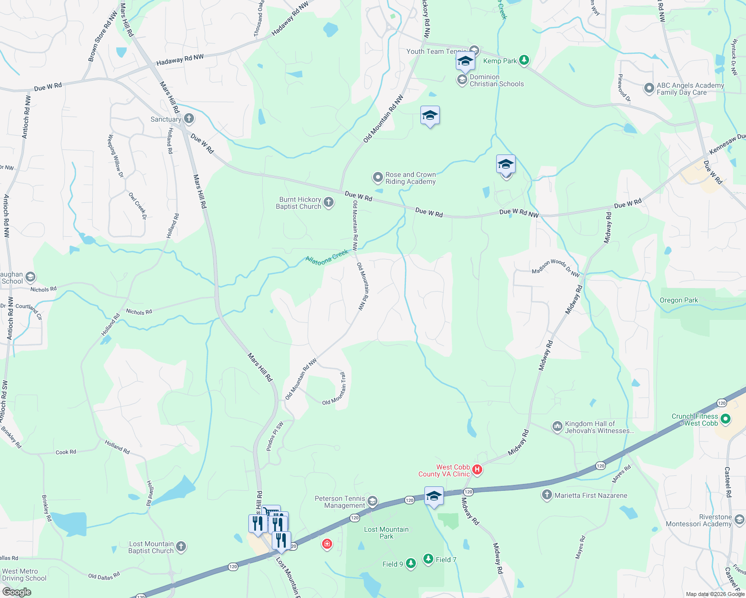 map of restaurants, bars, coffee shops, grocery stores, and more near 4857 Pond Chase Northwest in Kennesaw