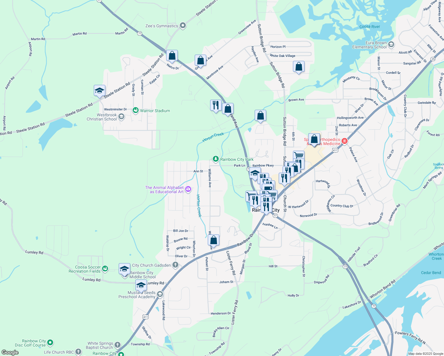 map of restaurants, bars, coffee shops, grocery stores, and more near 104 Nadine Place in Rainbow City