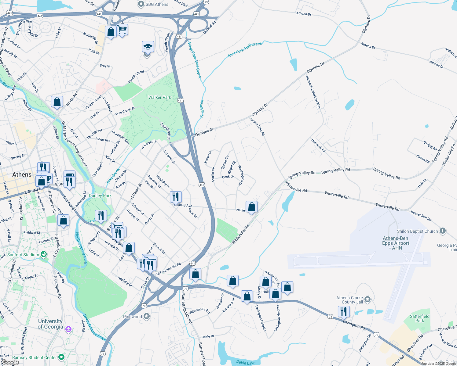 map of restaurants, bars, coffee shops, grocery stores, and more near 165 Cook Cir in Athens