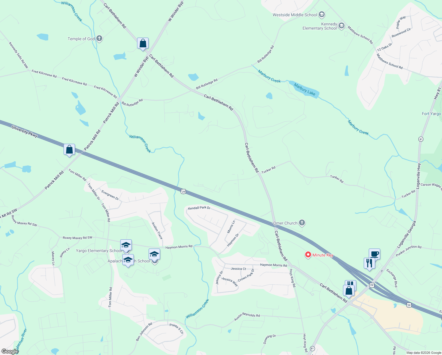 map of restaurants, bars, coffee shops, grocery stores, and more near 737 Tucker Road in Winder