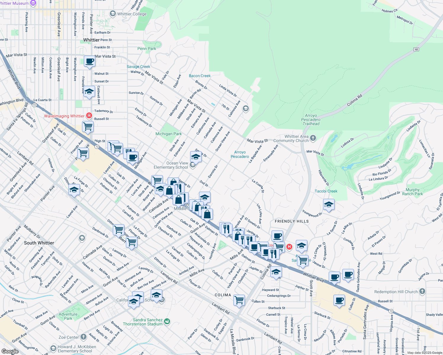 map of restaurants, bars, coffee shops, grocery stores, and more near 8504 Catalina Avenue in Whittier