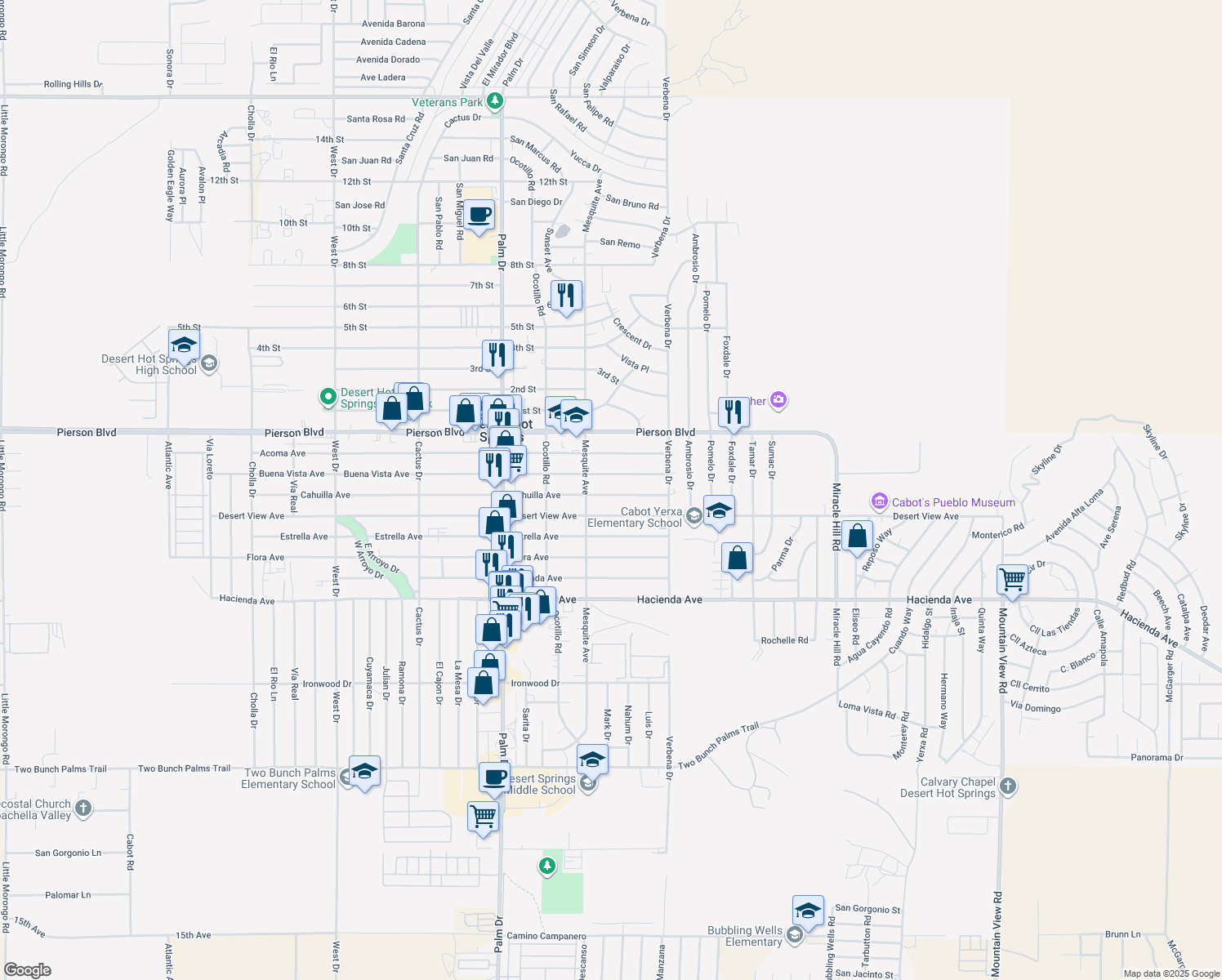 map of restaurants, bars, coffee shops, grocery stores, and more near 66822 Cahuilla Avenue in Desert Hot Springs