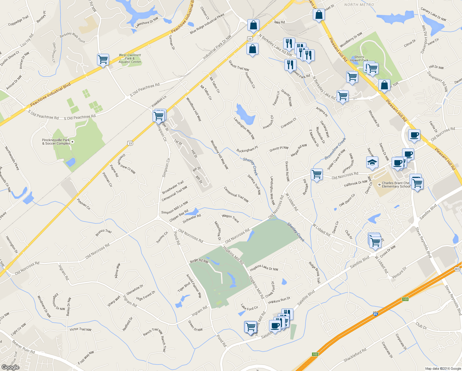 map of restaurants, bars, coffee shops, grocery stores, and more near 2584 Pow Wow Court Northwest in Duluth