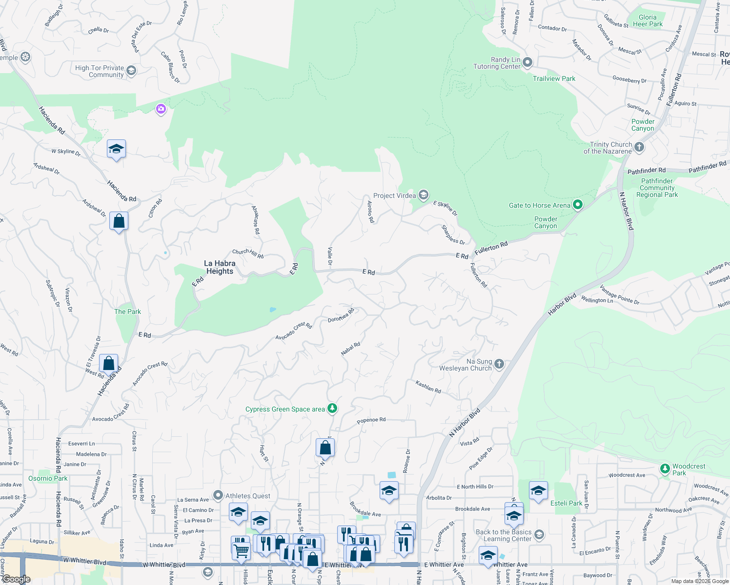 map of restaurants, bars, coffee shops, grocery stores, and more near 1900 Tumin Road in La Habra Heights