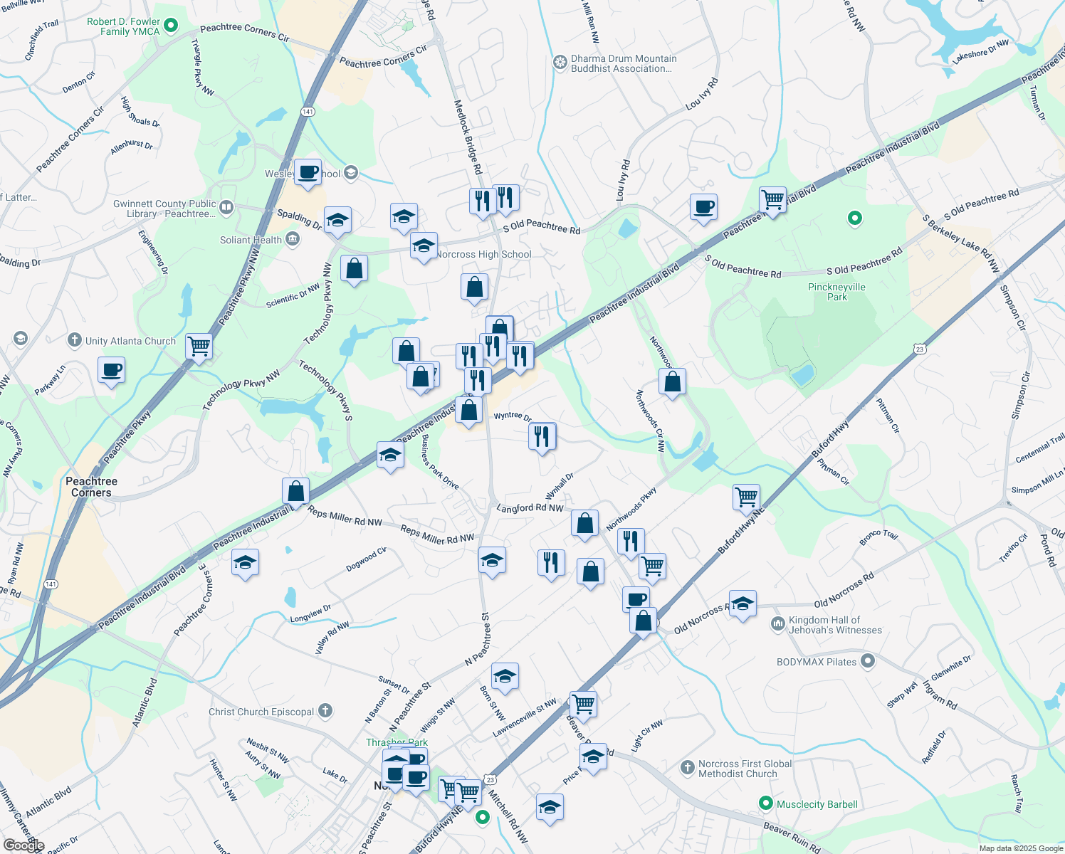 map of restaurants, bars, coffee shops, grocery stores, and more near 5395 Fontenoy Court in Norcross