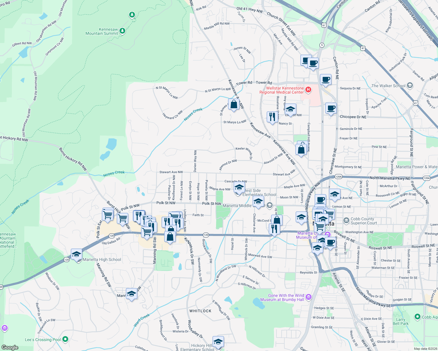 map of restaurants, bars, coffee shops, grocery stores, and more near 445 Stewart Avenue Northwest in Marietta