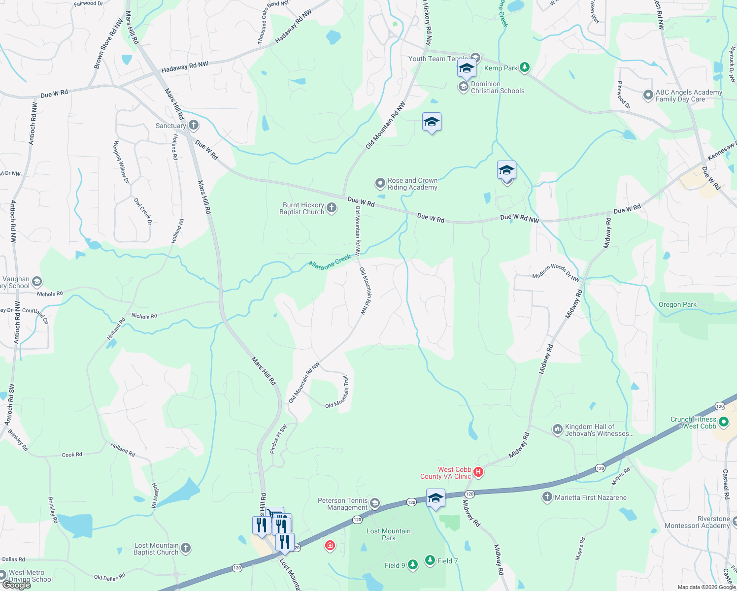 map of restaurants, bars, coffee shops, grocery stores, and more near 4857 Pond Chase Northwest in Kennesaw