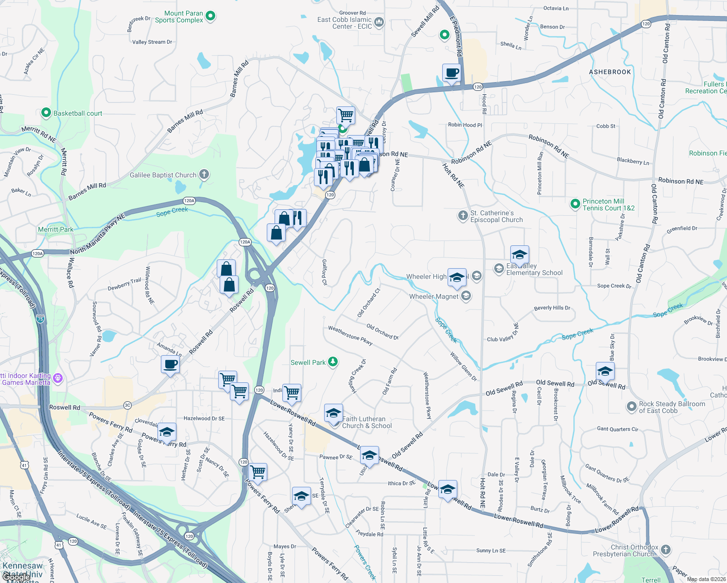 map of restaurants, bars, coffee shops, grocery stores, and more near 364 Weatherstone Lane in Marietta