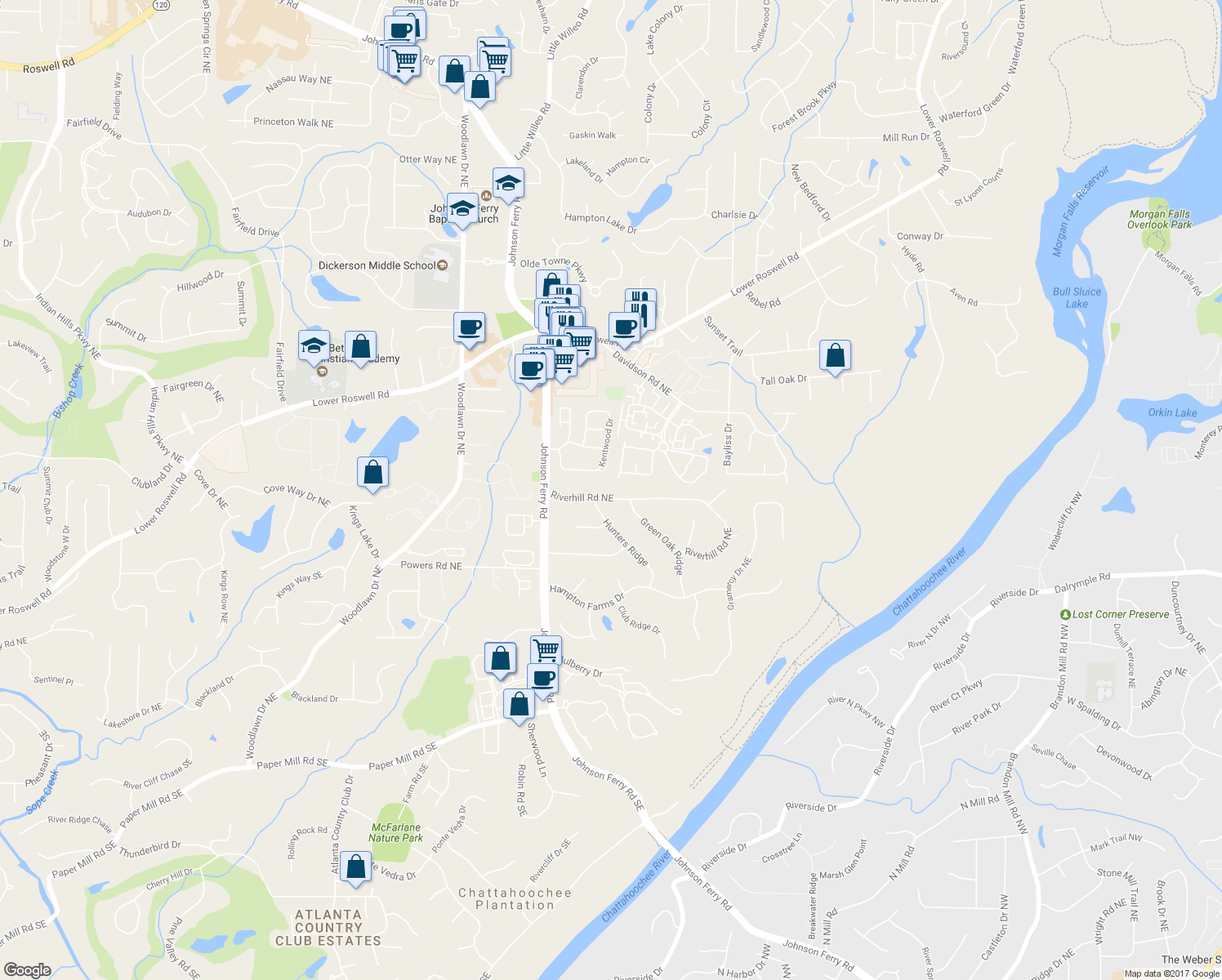 map of restaurants, bars, coffee shops, grocery stores, and more near 4919 Riverhill Road Northeast in Marietta