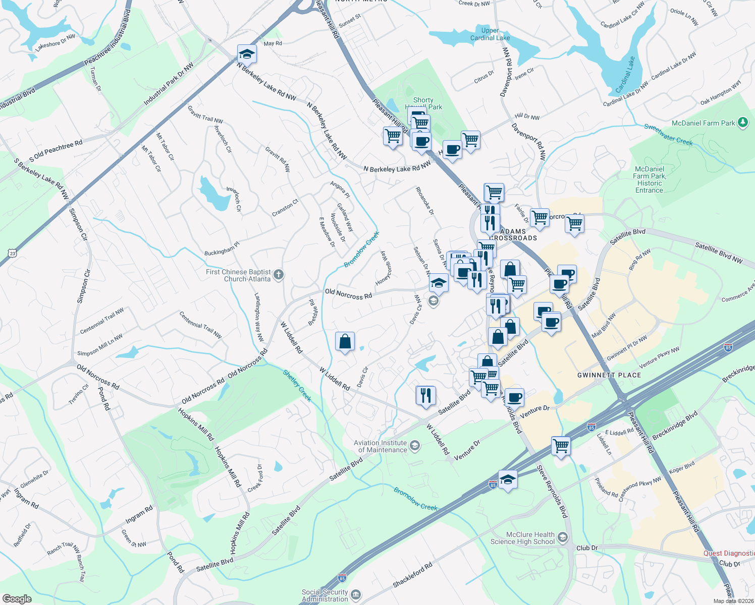 map of restaurants, bars, coffee shops, grocery stores, and more near 2368 Arbor Ridge Court in Duluth
