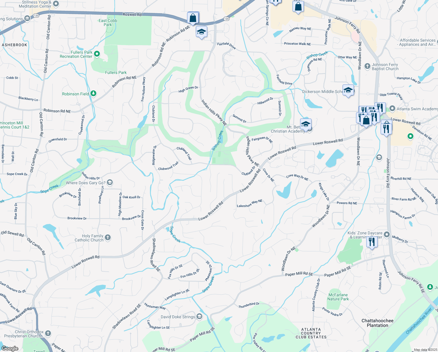 map of restaurants, bars, coffee shops, grocery stores, and more near 411 Woodstone West Drive in Marietta
