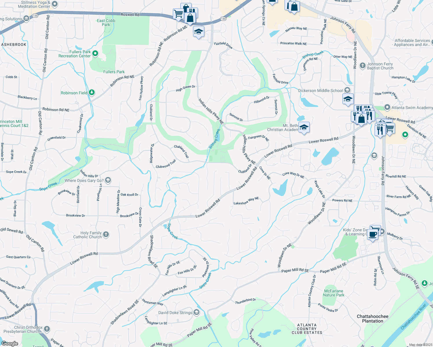 map of restaurants, bars, coffee shops, grocery stores, and more near 411 Woodstone West Drive in Marietta