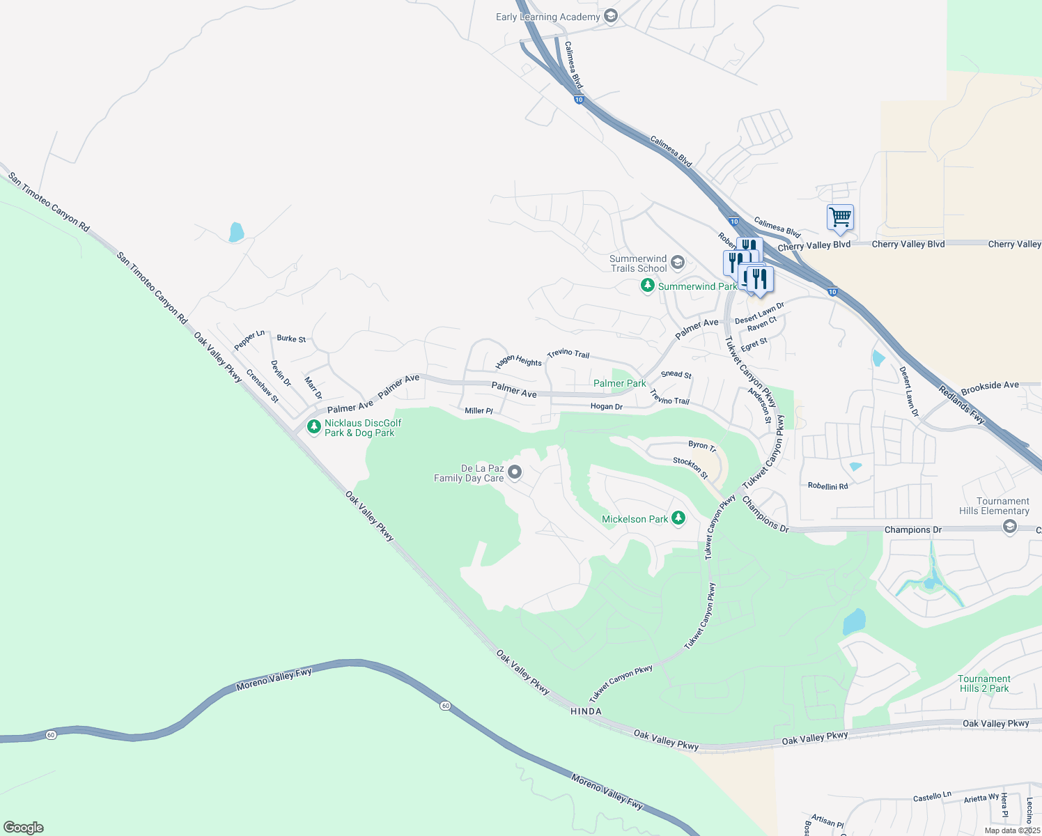 map of restaurants, bars, coffee shops, grocery stores, and more near 34946 Miller Place in Beaumont