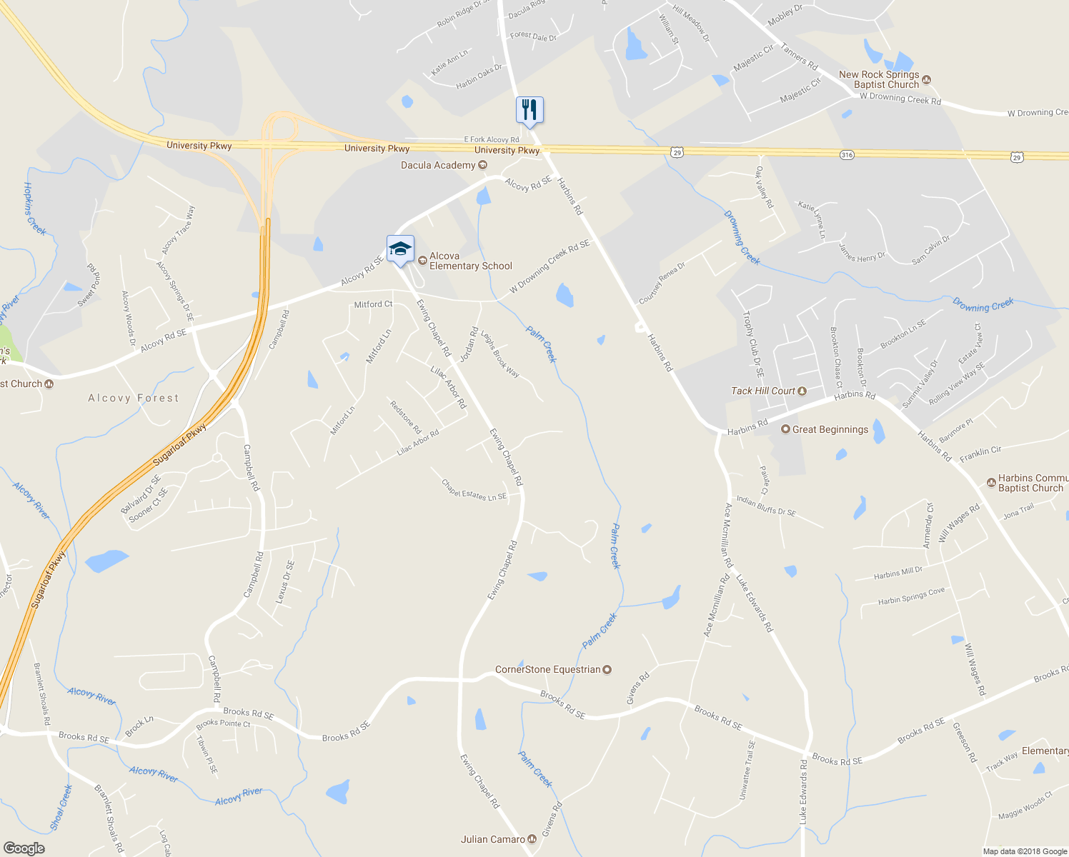 map of restaurants, bars, coffee shops, grocery stores, and more near 2140 Spruce Lake Drive Southeast in Dacula