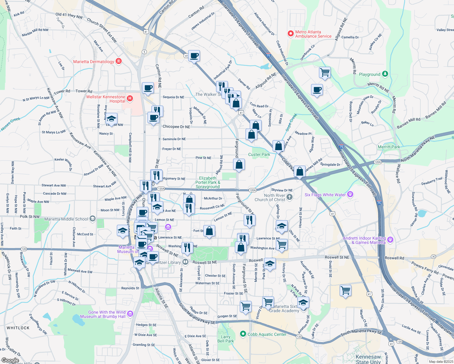 map of restaurants, bars, coffee shops, grocery stores, and more near 466 Birney Street Northeast in Marietta
