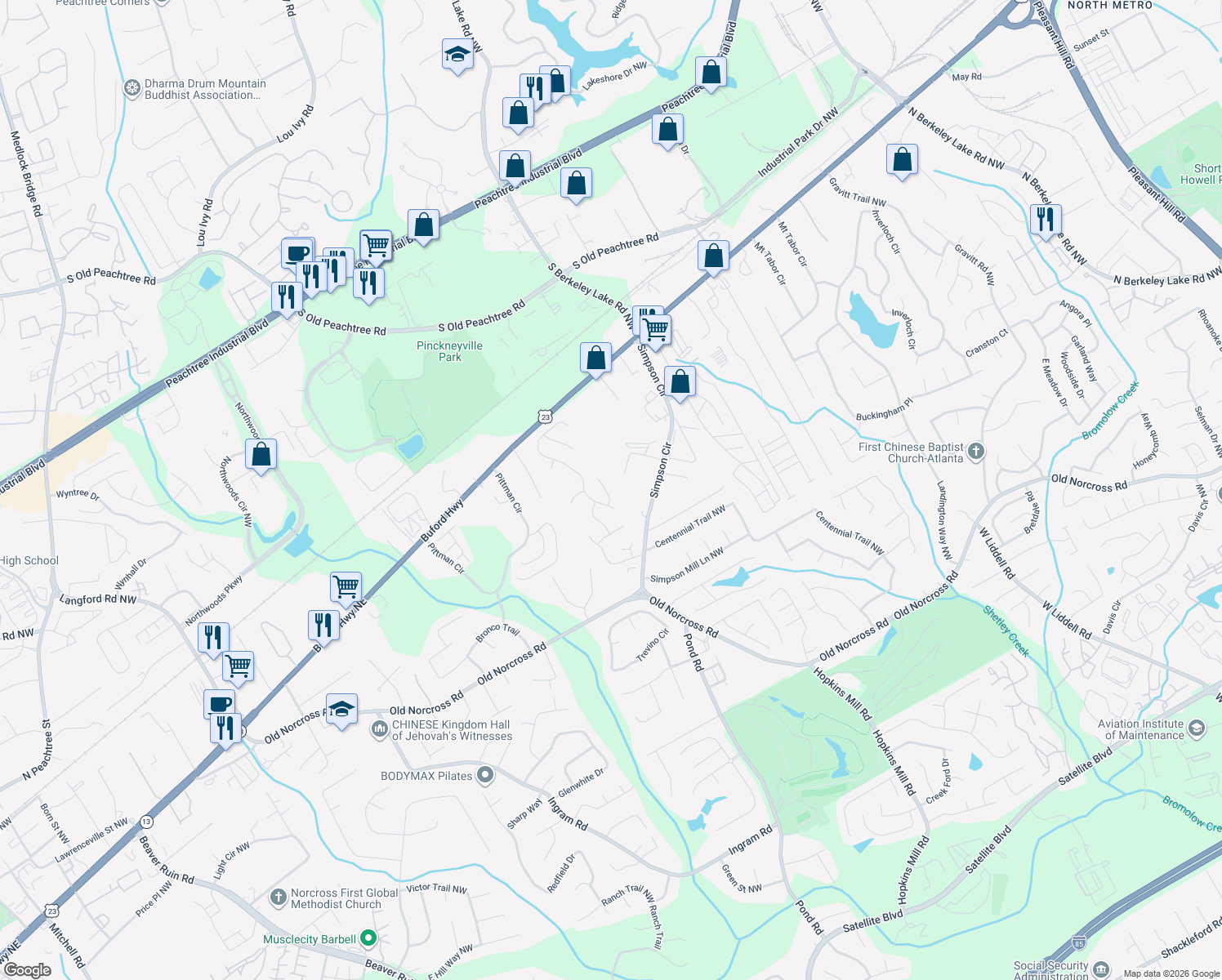 map of restaurants, bars, coffee shops, grocery stores, and more near 2865 Pinehigh Court Northwest in Duluth