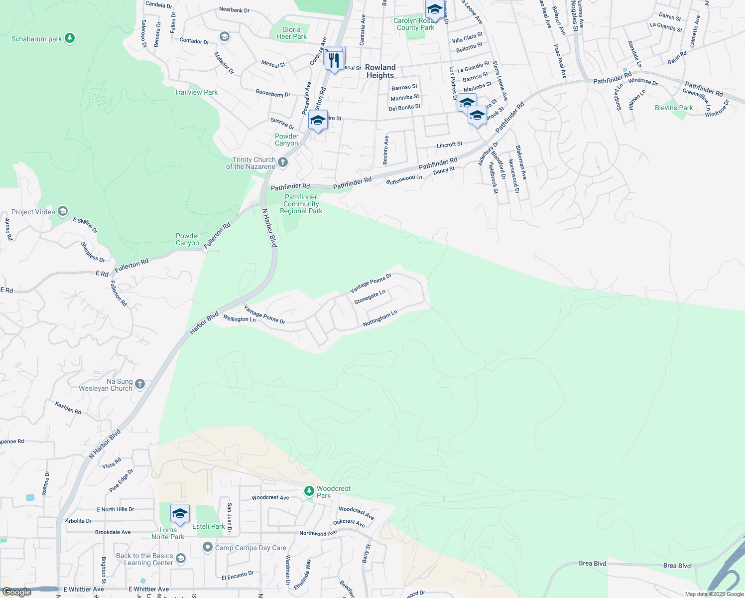 map of restaurants, bars, coffee shops, grocery stores, and more near 18452 Stonegate Lane in Rowland Heights