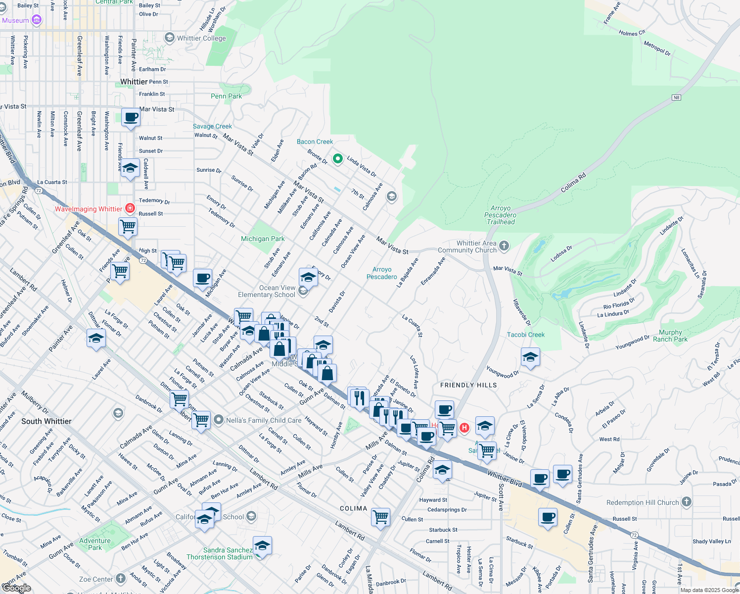 map of restaurants, bars, coffee shops, grocery stores, and more near 8405 La Vela Avenue in Whittier