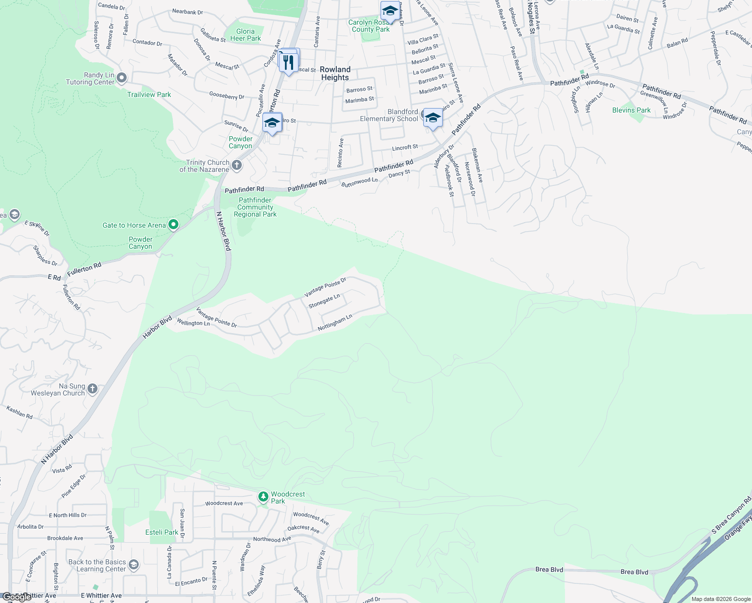 map of restaurants, bars, coffee shops, grocery stores, and more near 18680 Vantage Pointe Drive in Rowland Heights
