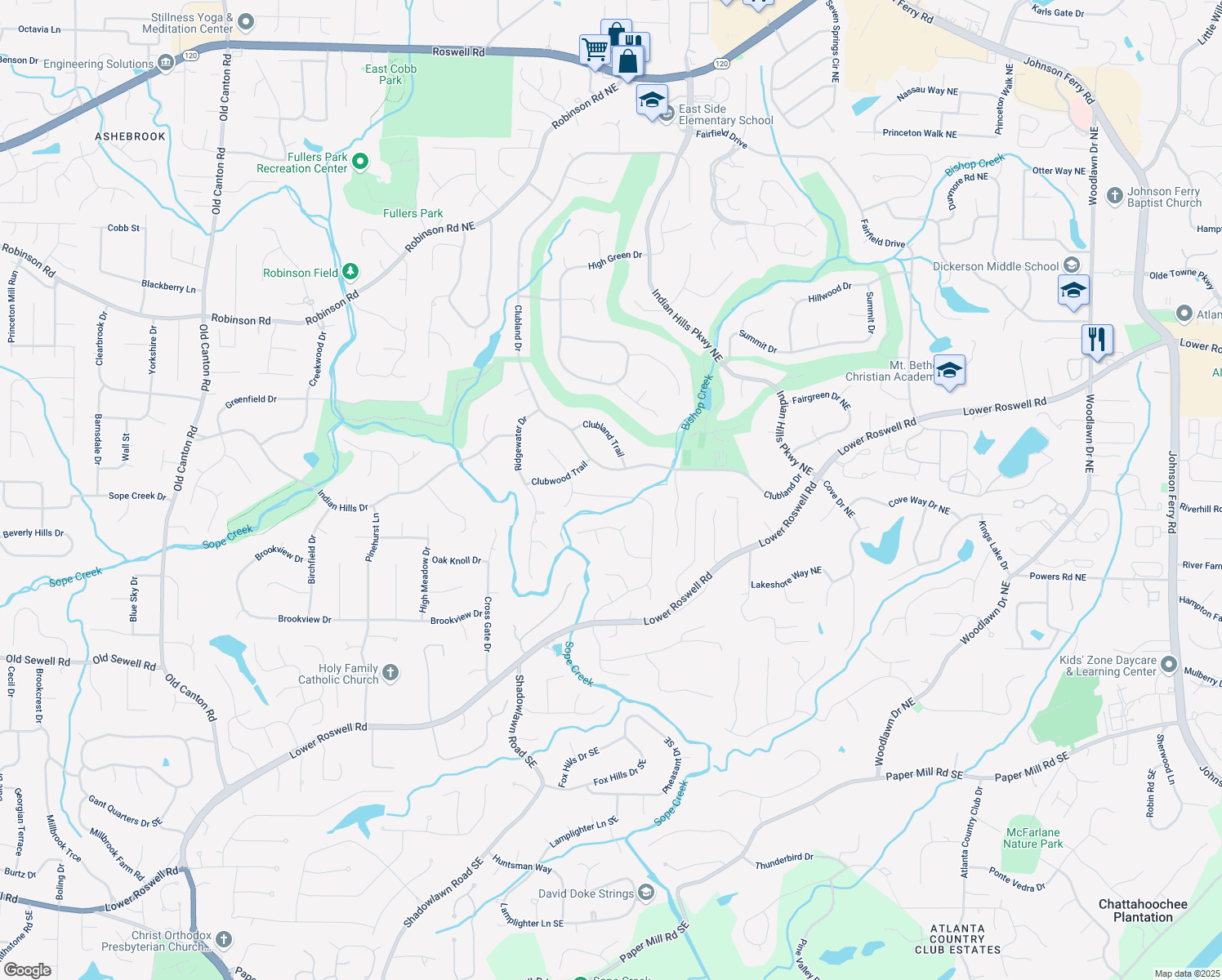 map of restaurants, bars, coffee shops, grocery stores, and more near 458 Indian Hills Trail in Marietta