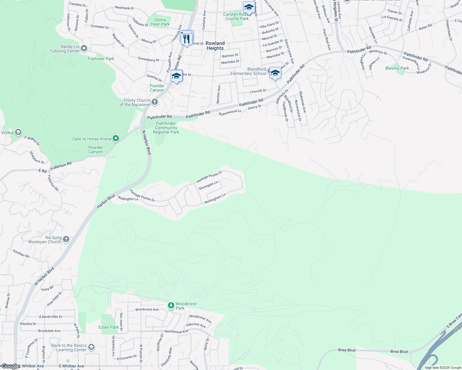map of restaurants, bars, coffee shops, grocery stores, and more near 18560 Stonegate Lane in Rowland Heights