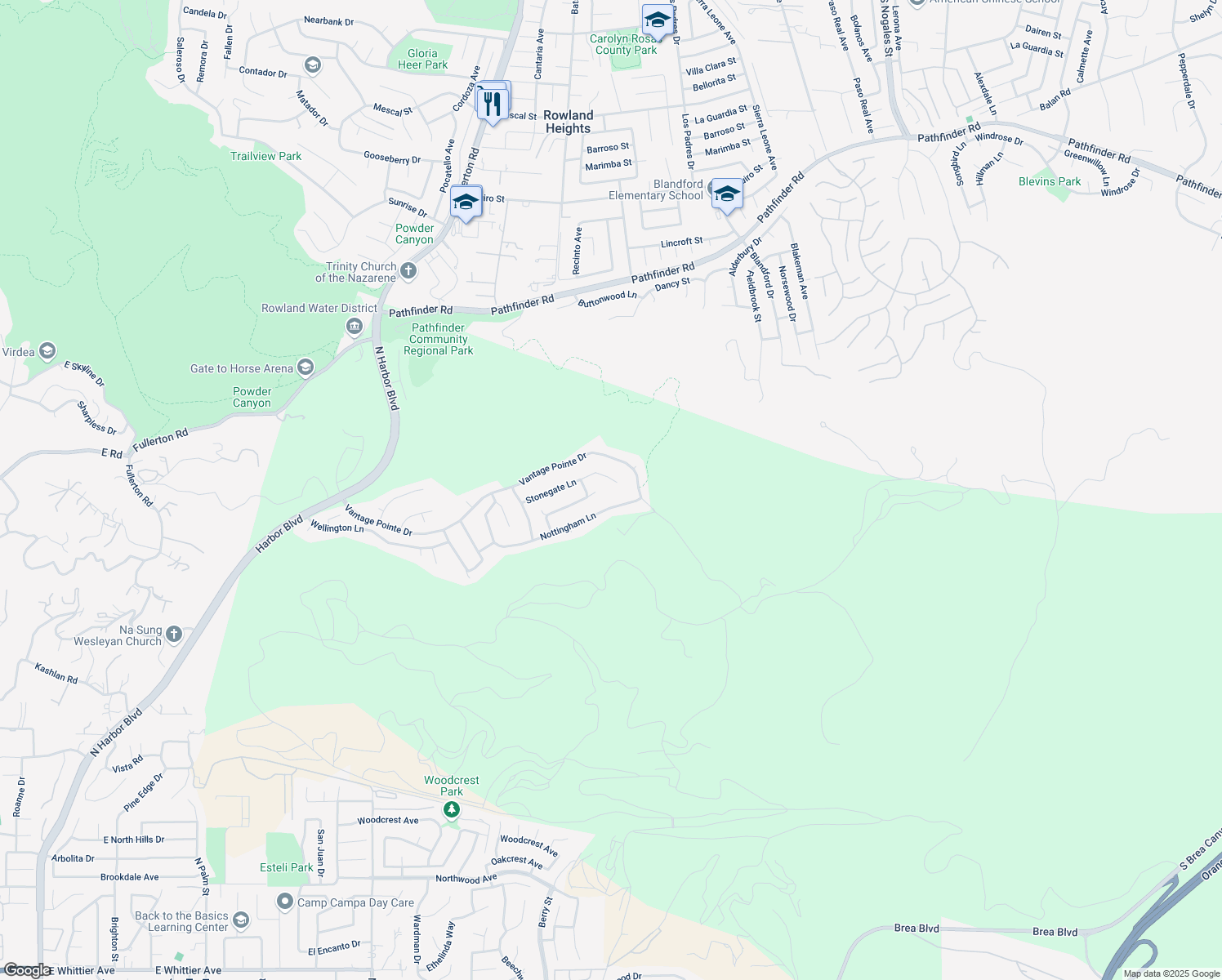 map of restaurants, bars, coffee shops, grocery stores, and more near 18560 Stonegate Lane in Rowland Heights
