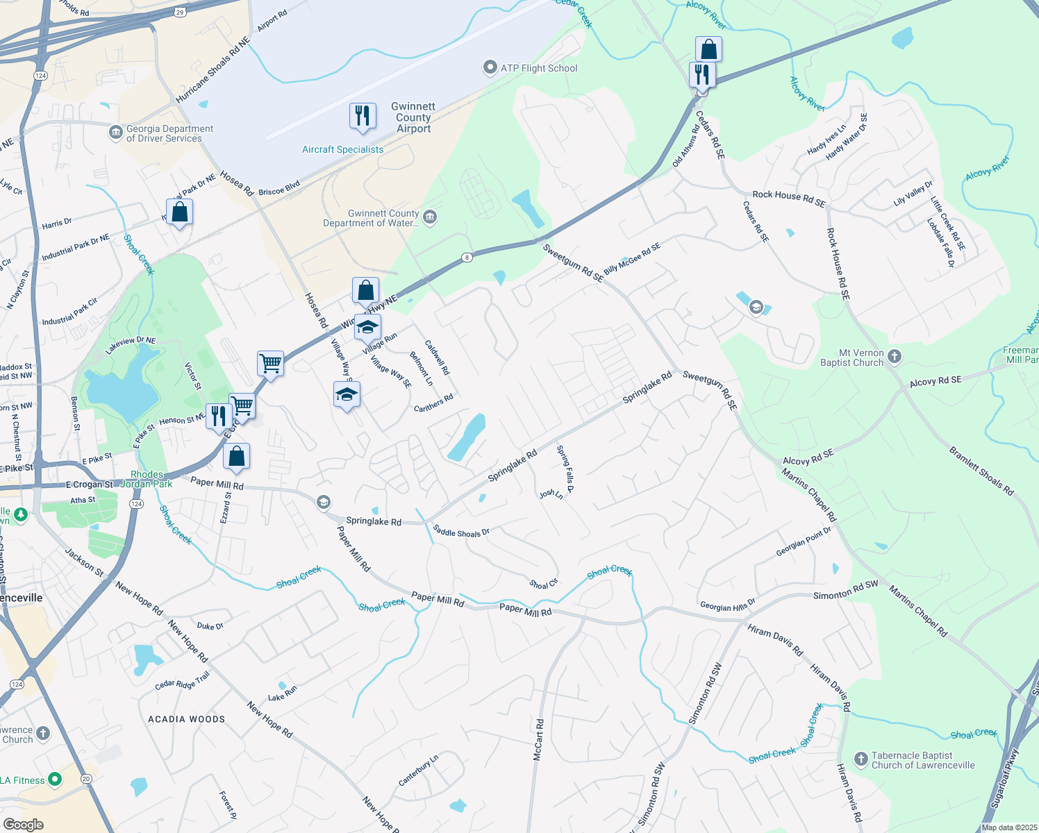 map of restaurants, bars, coffee shops, grocery stores, and more near Ashland Park Ct SE in Lawrenceville