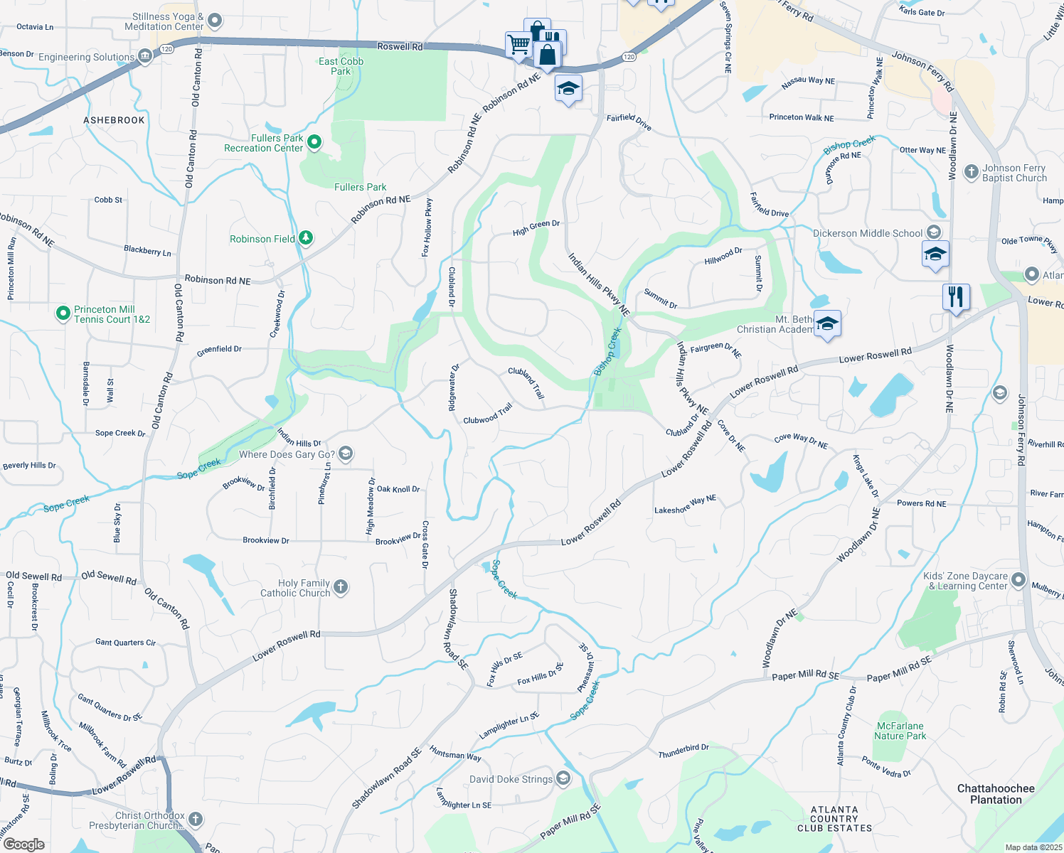 map of restaurants, bars, coffee shops, grocery stores, and more near 458 Indian Hills Trail in Marietta
