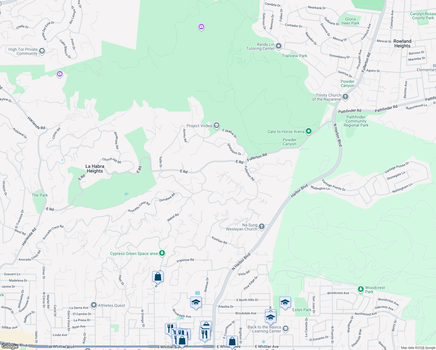 map of restaurants, bars, coffee shops, grocery stores, and more near 1616 Kanola Road in La Habra Heights