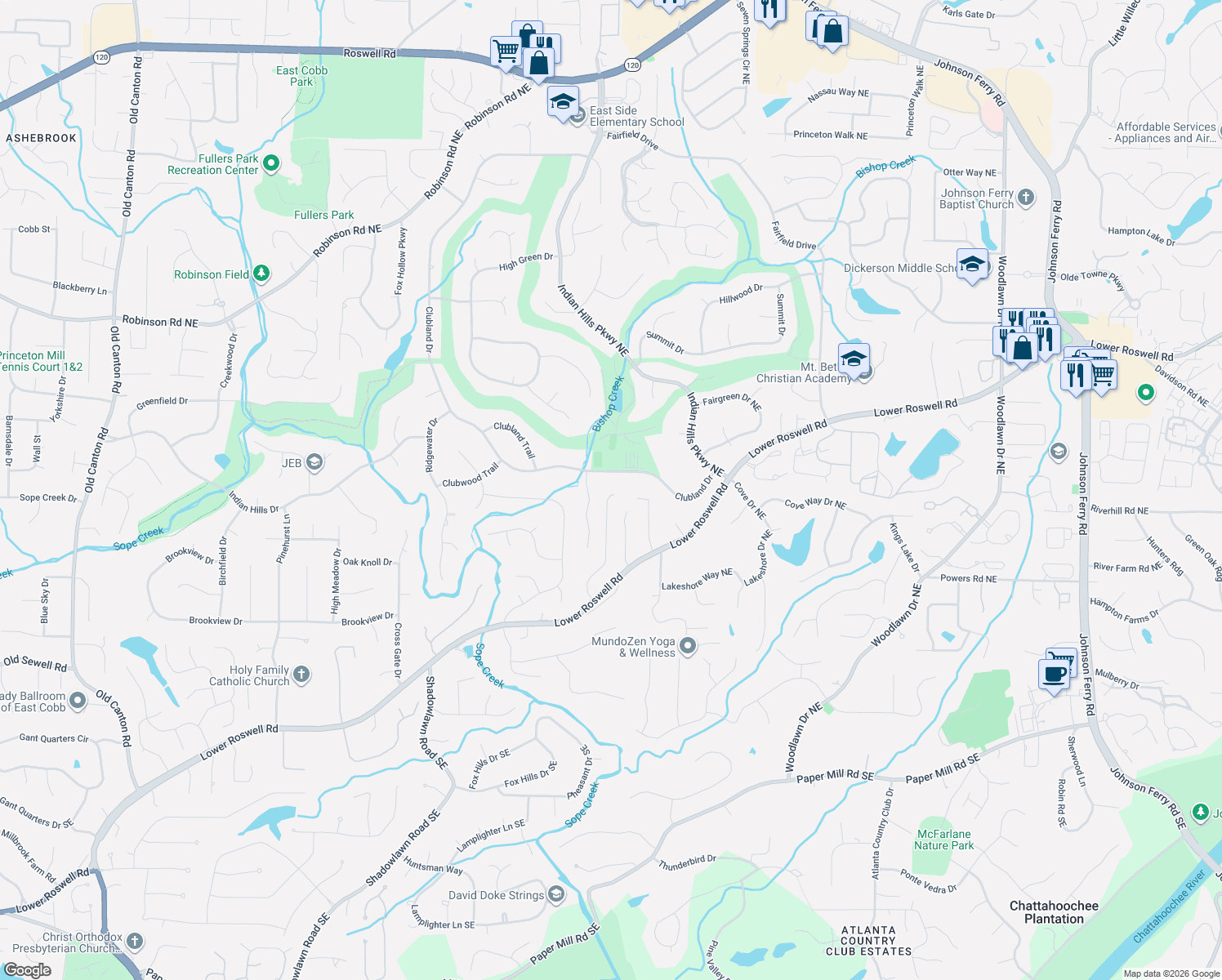 map of restaurants, bars, coffee shops, grocery stores, and more near 406 Woodstone West Drive in Marietta