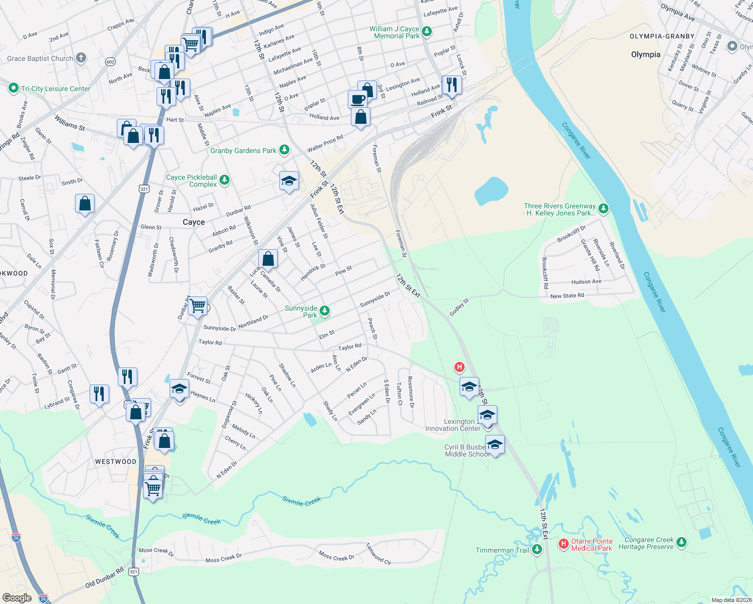 map of restaurants, bars, coffee shops, grocery stores, and more near 1109 Sunnyside Drive in Cayce
