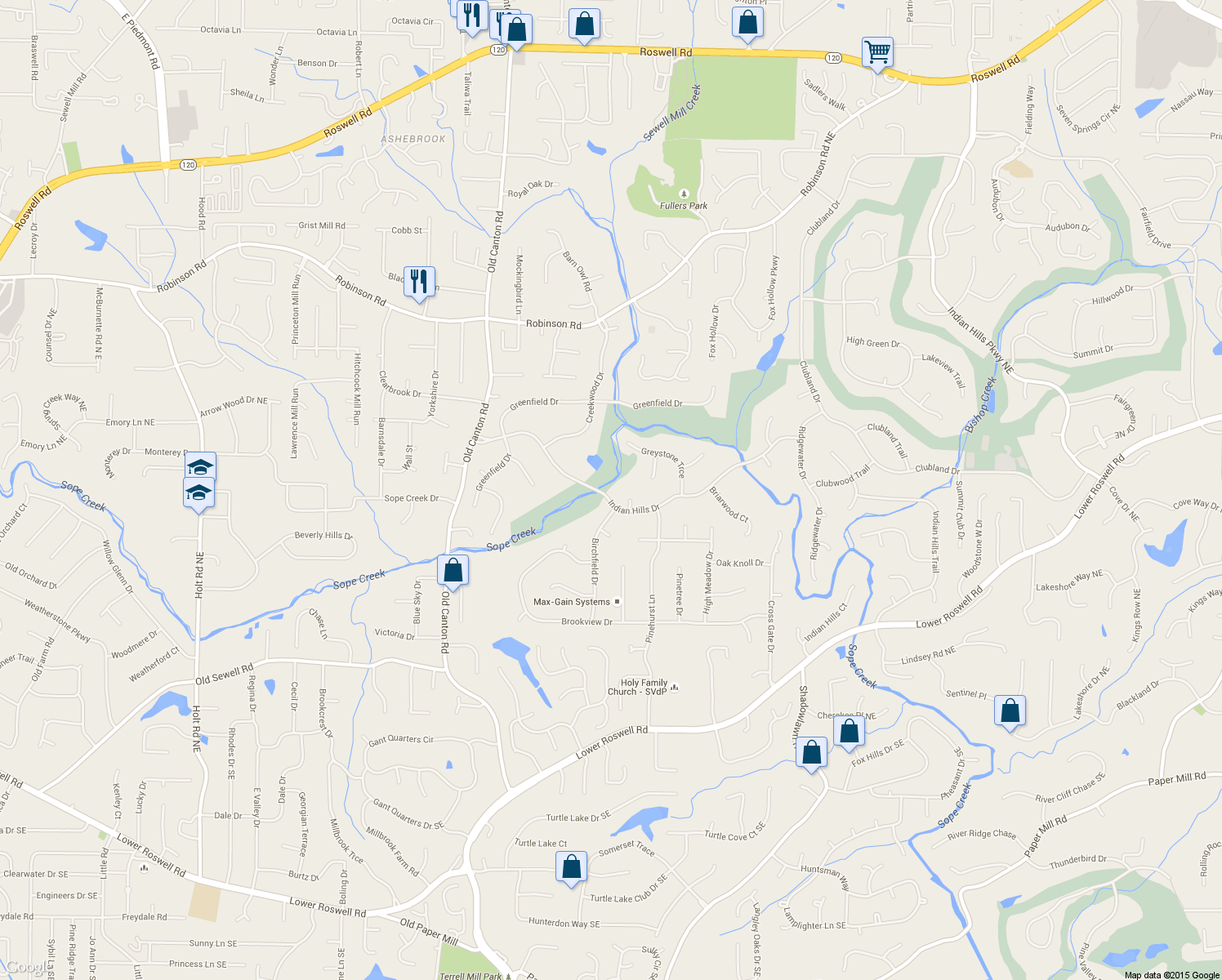 map of restaurants, bars, coffee shops, grocery stores, and more near 3315 Indian Hills Dr in Marietta