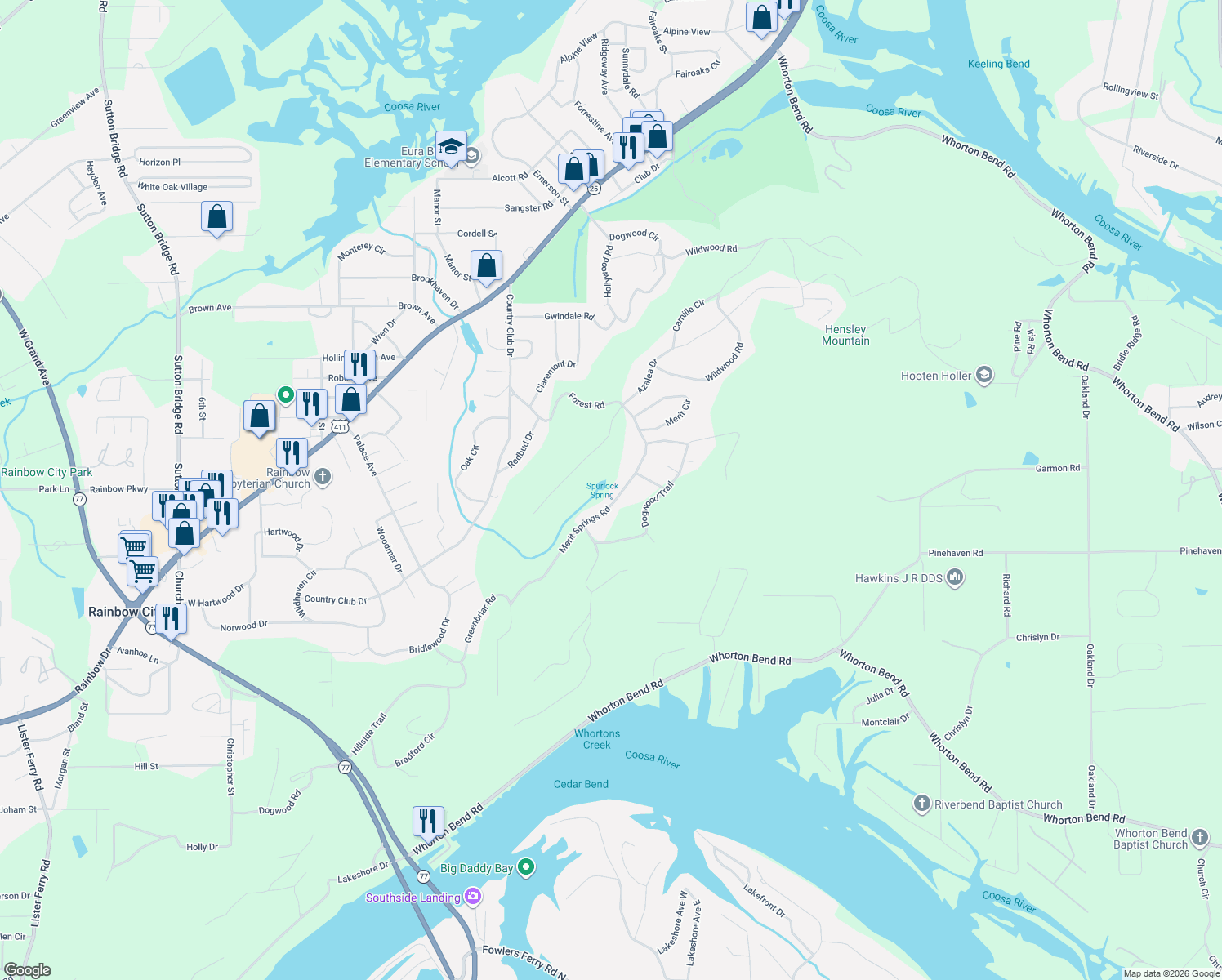 map of restaurants, bars, coffee shops, grocery stores, and more near 708 Merit Springs Road in Gadsden