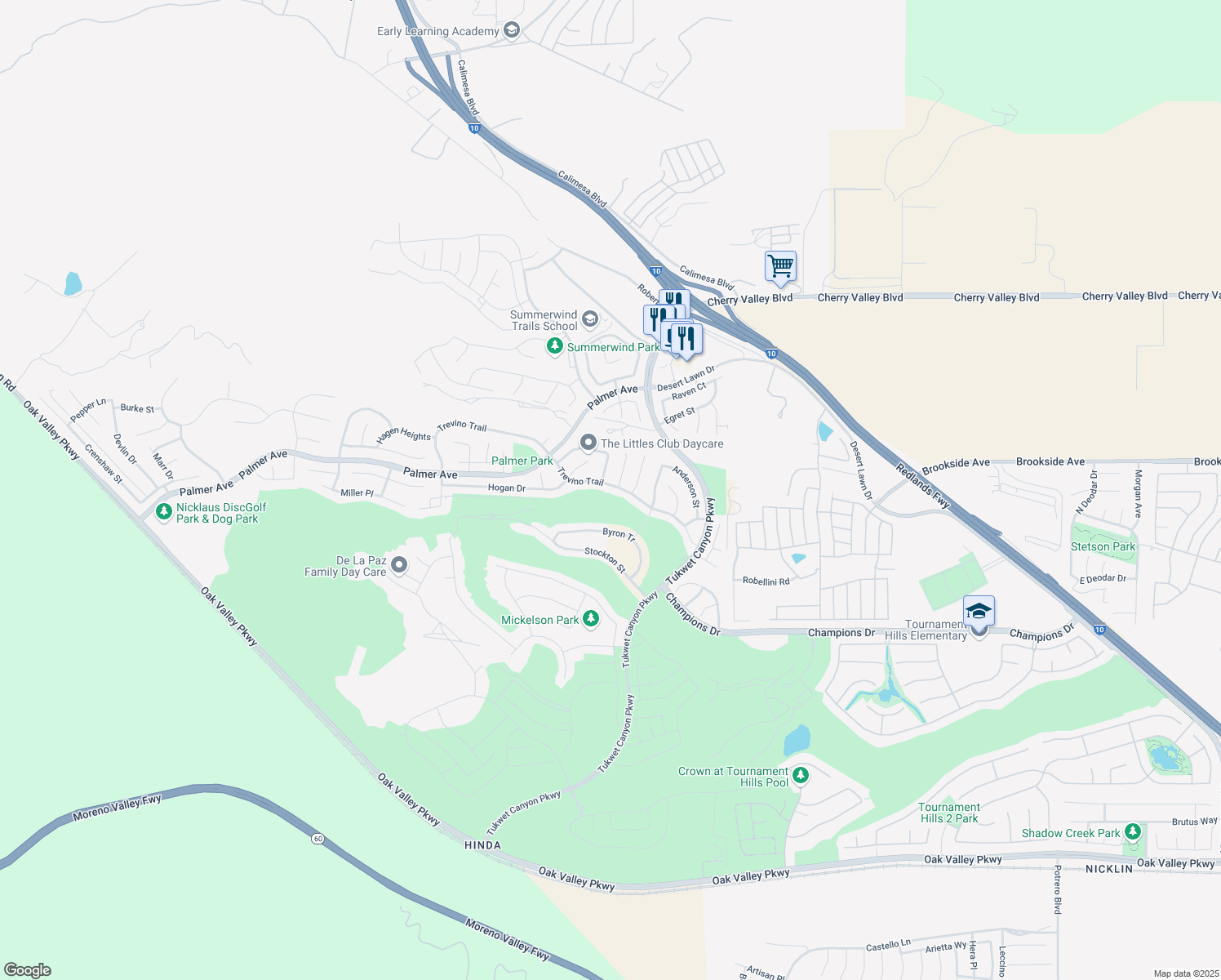map of restaurants, bars, coffee shops, grocery stores, and more near 35565 Trevino Trail in Beaumont