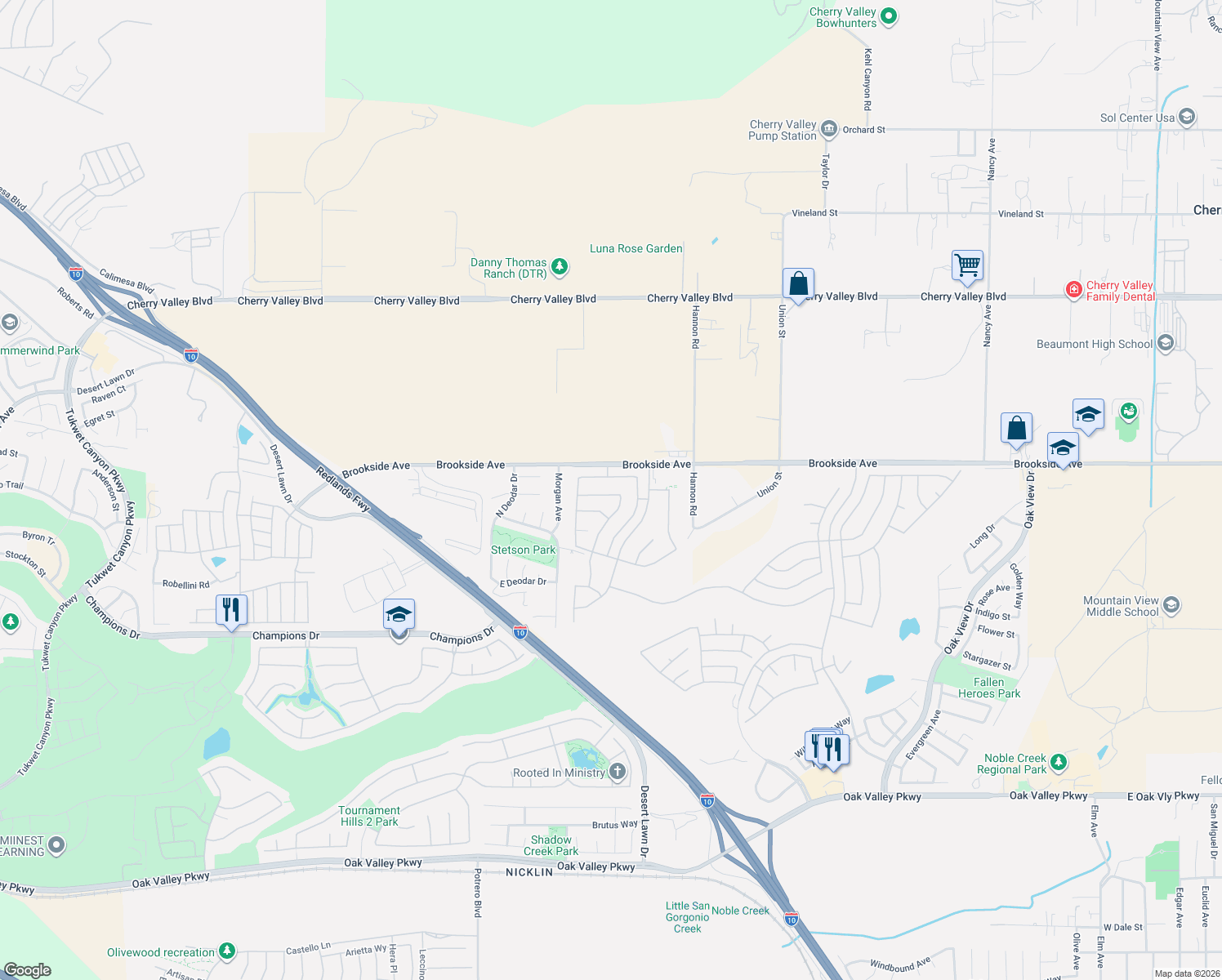 map of restaurants, bars, coffee shops, grocery stores, and more near 1154 Wisteria Way in Beaumont