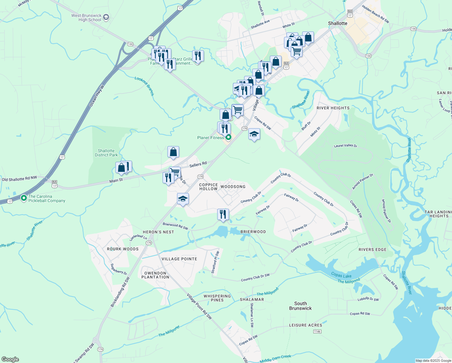 map of restaurants, bars, coffee shops, grocery stores, and more near 520 Sylvan Street in Shallotte