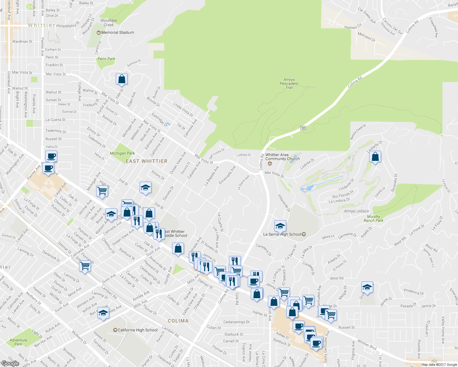 map of restaurants, bars, coffee shops, grocery stores, and more near 14865 Victor Court in Whittier