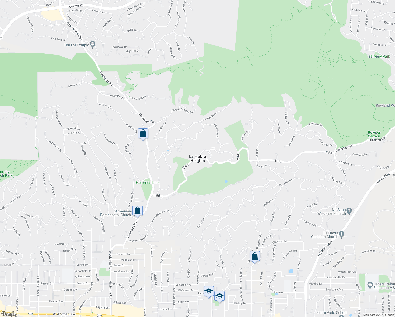 map of restaurants, bars, coffee shops, grocery stores, and more near in La Habra Heights