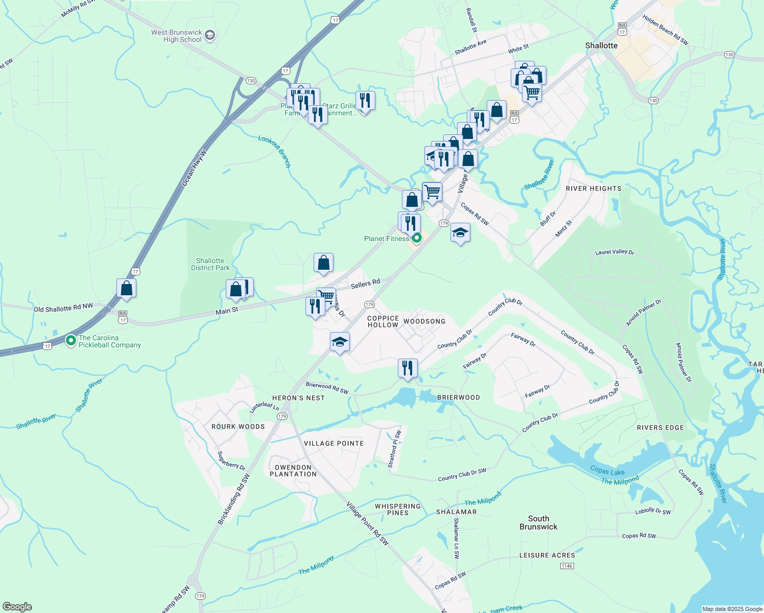 map of restaurants, bars, coffee shops, grocery stores, and more near 5054 Pender Road in Shallotte