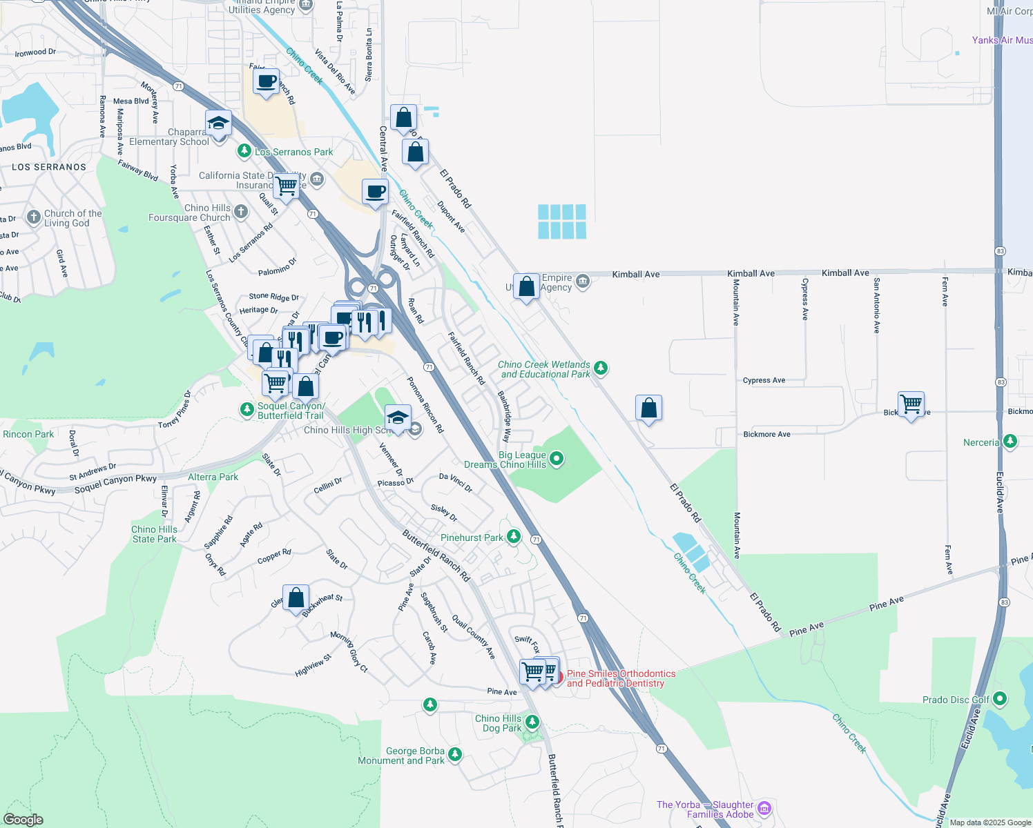 map of restaurants, bars, coffee shops, grocery stores, and more near 16100 Tamarind Terrace in Chino Hills