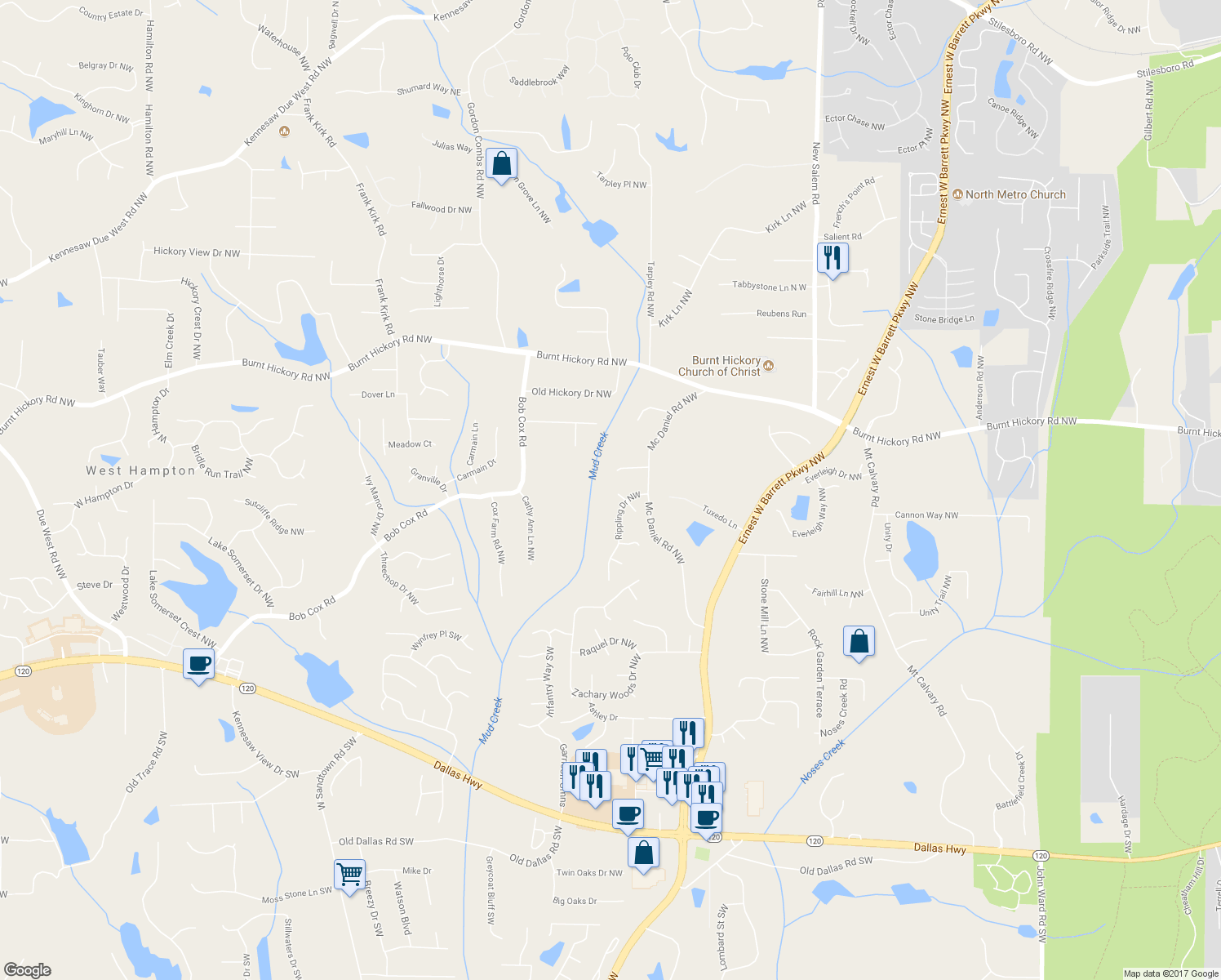 map of restaurants, bars, coffee shops, grocery stores, and more near 311 Peacock Drive Northwest in Marietta