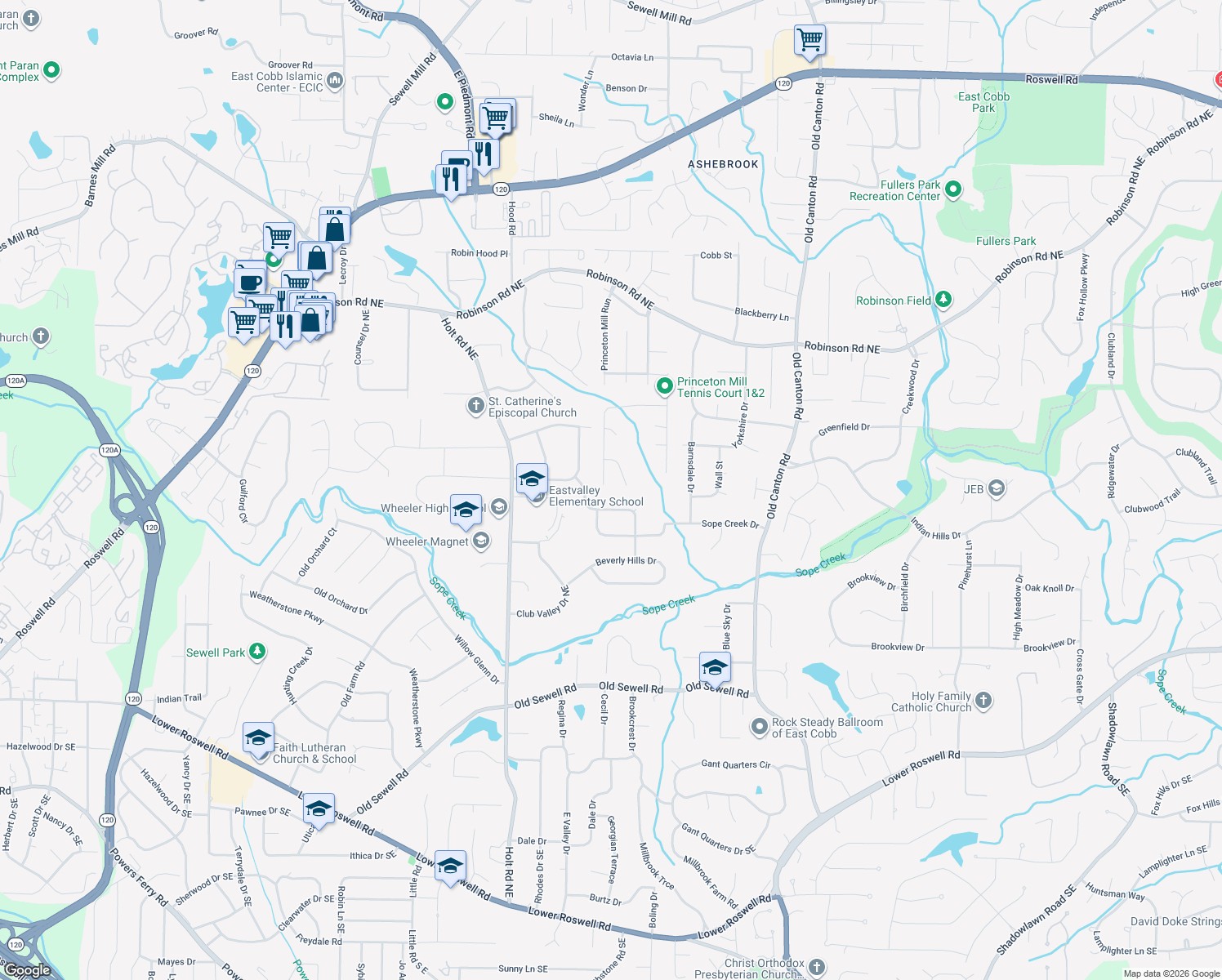 map of restaurants, bars, coffee shops, grocery stores, and more near 2760 Lawrence Mill Run in Marietta