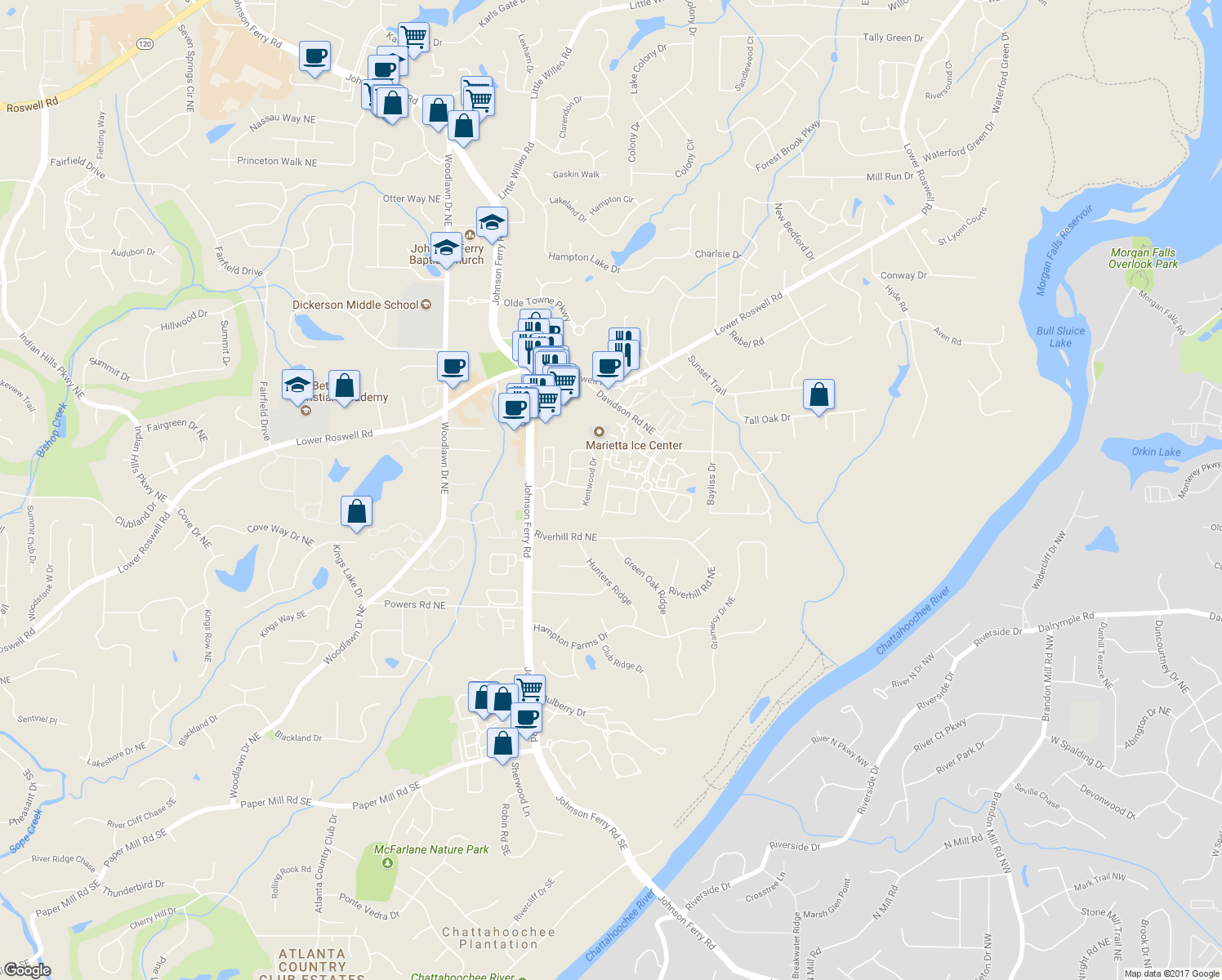 map of restaurants, bars, coffee shops, grocery stores, and more near 4960 Meadow Lane in Marietta