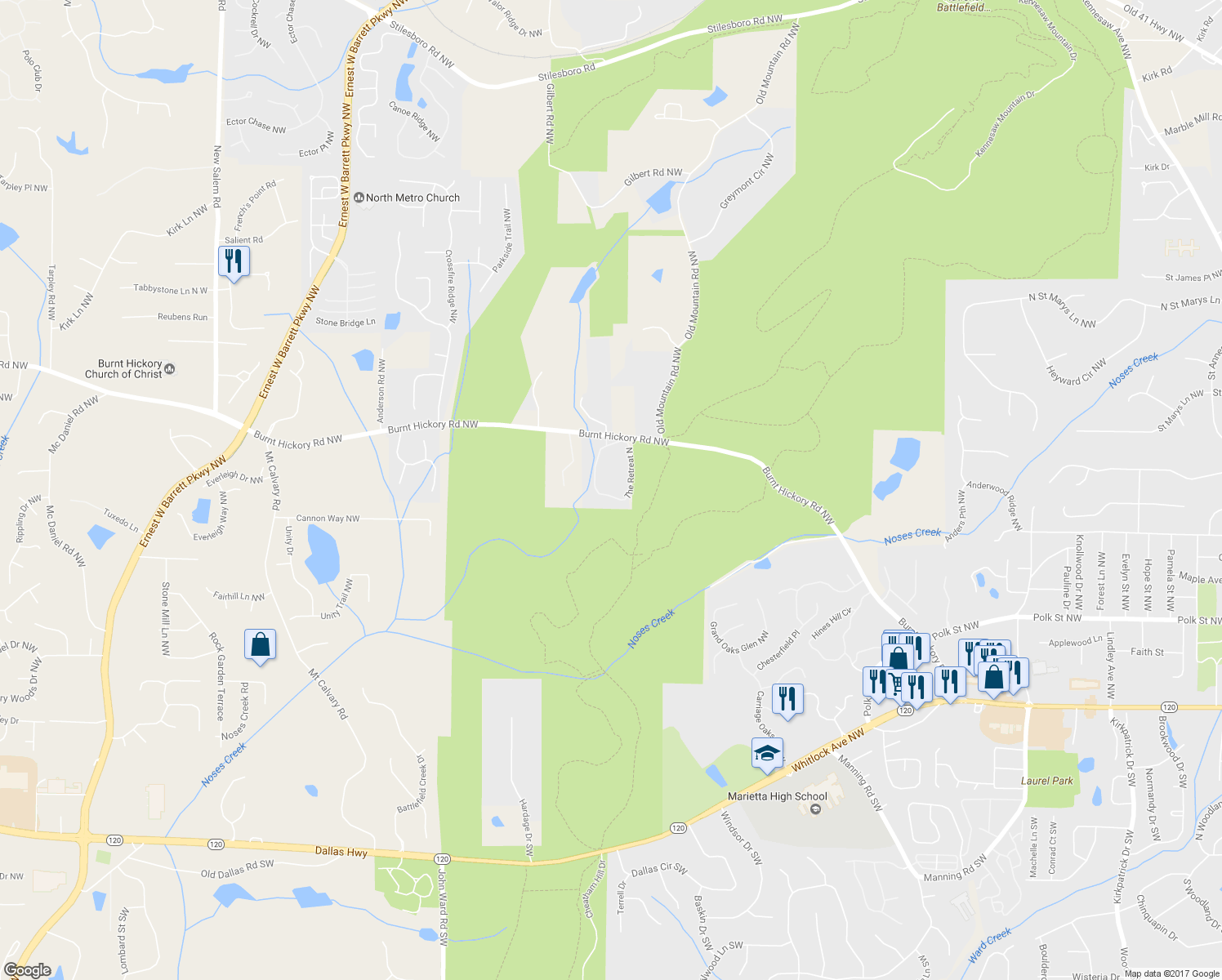 map of restaurants, bars, coffee shops, grocery stores, and more near 354 The Retreat North in Marietta