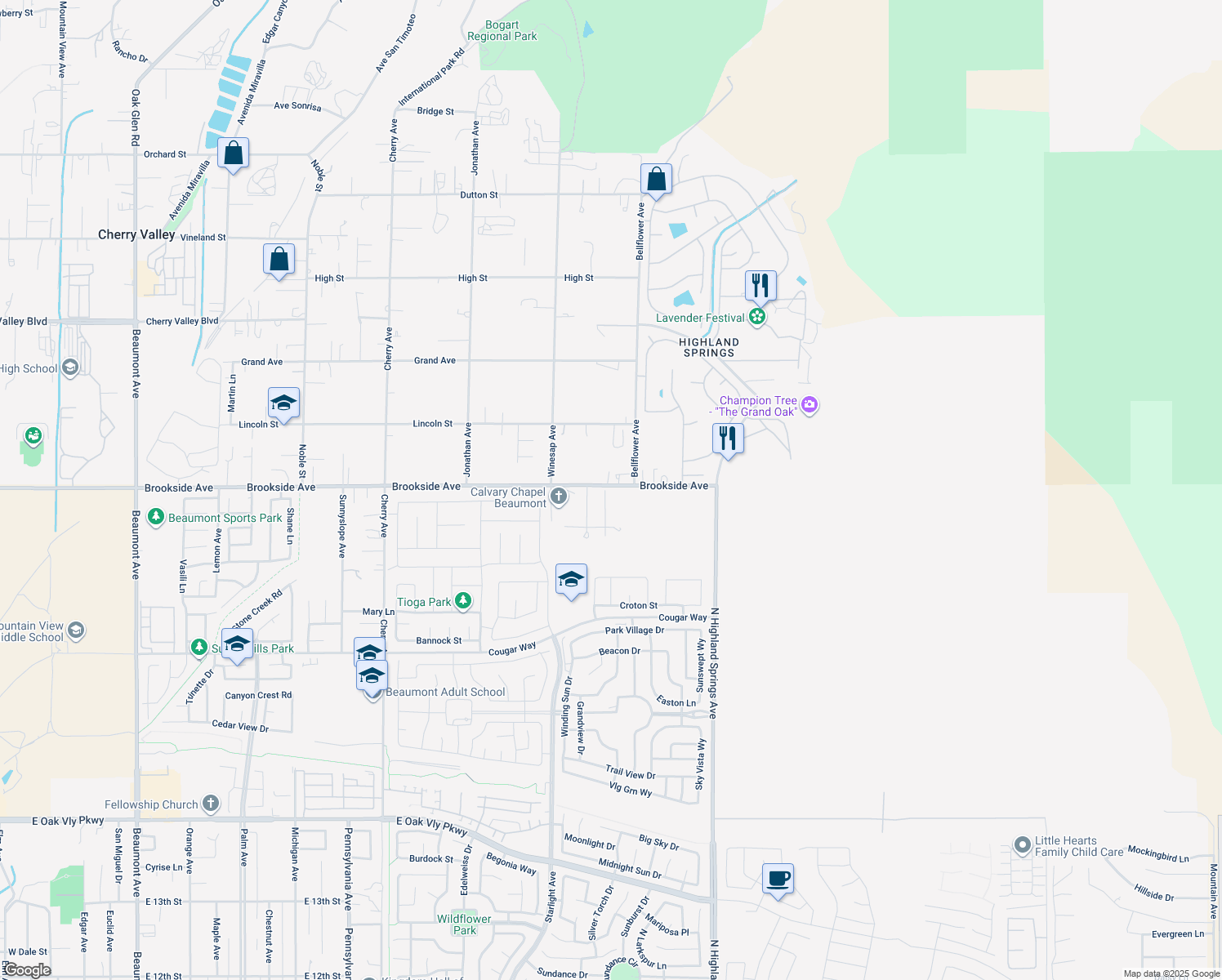 map of restaurants, bars, coffee shops, grocery stores, and more near 11010 Sandra Drive in Cherry Valley