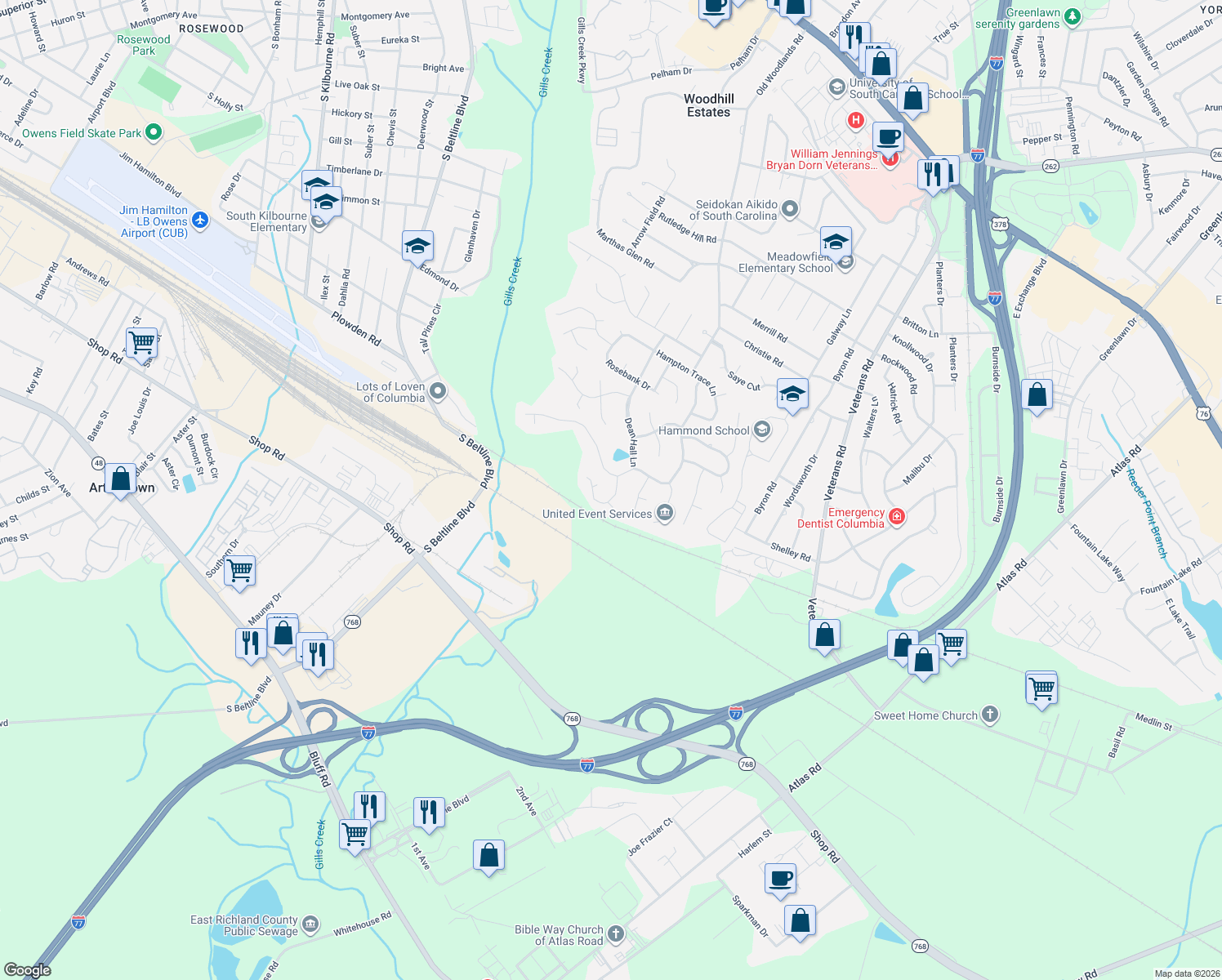 map of restaurants, bars, coffee shops, grocery stores, and more near 110 Wood Ride Lane in Columbia