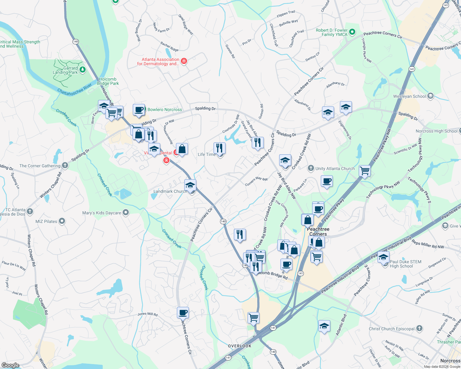 map of restaurants, bars, coffee shops, grocery stores, and more near 6103 Forest Hills Dr in Norcross
